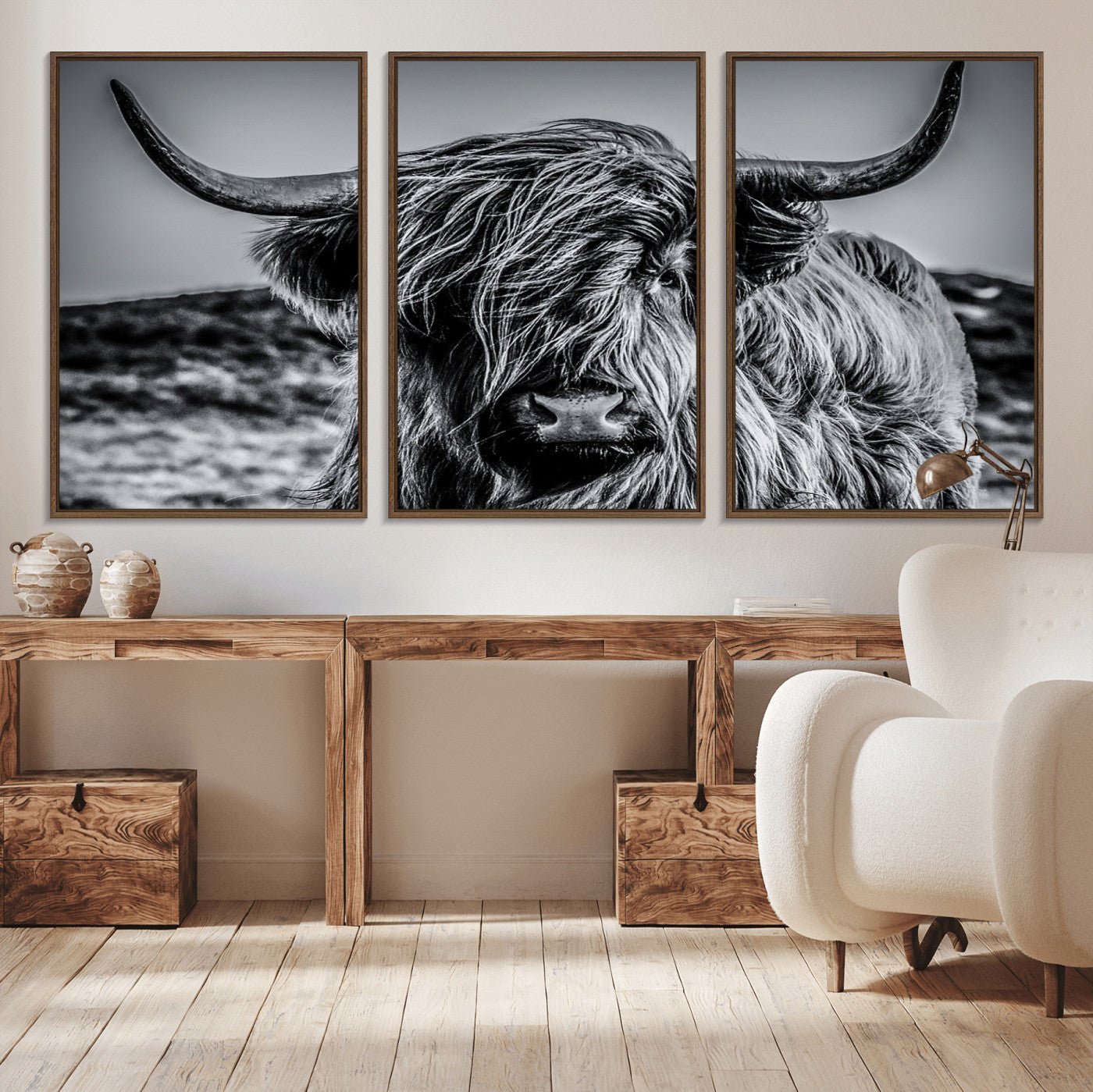97372-MGV-CV-36X24-Elegant Highland Cow Wall Art – Black and White Canvas Print, Rustic Nature Decor for Home, Office, Living Room or Man Cave