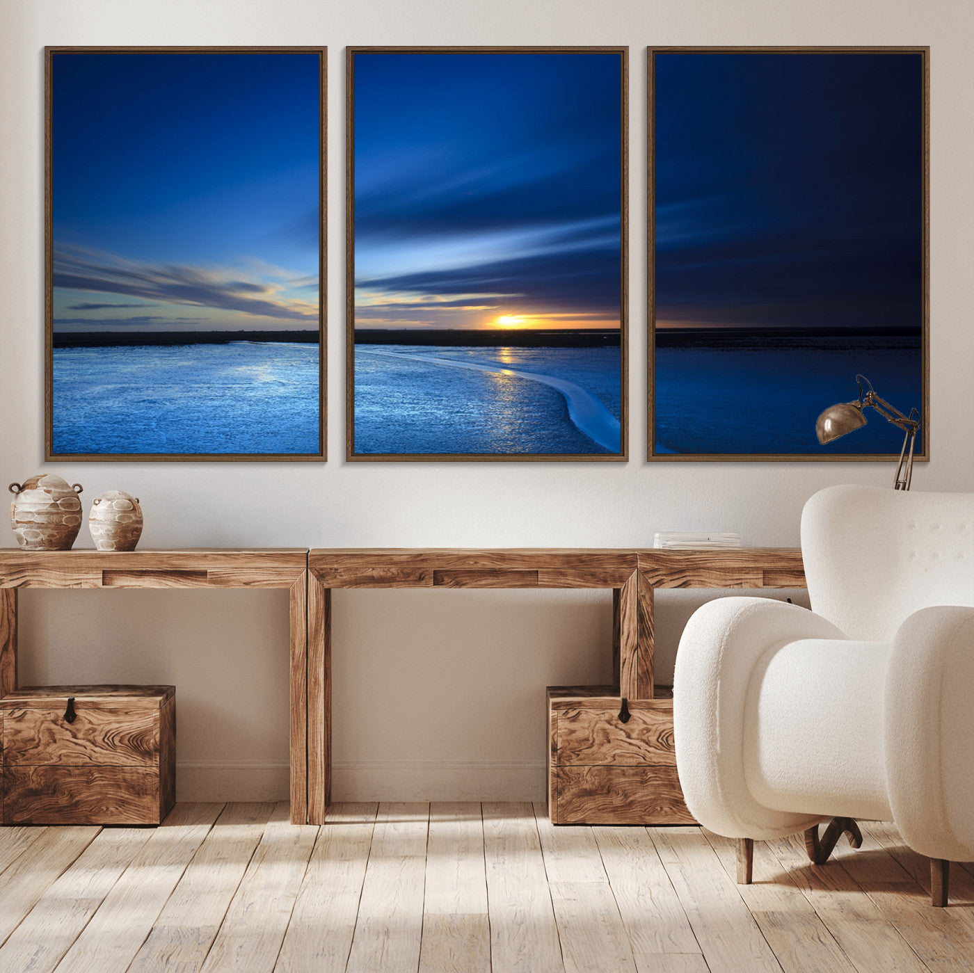 65405-MGV-CV-36X24-Blue Sunrise Seascape Wall Art – Tranquil Ocean Horizon Canvas Print with Golden Sunlight and Deep Sky, Coastal Landscape Decor