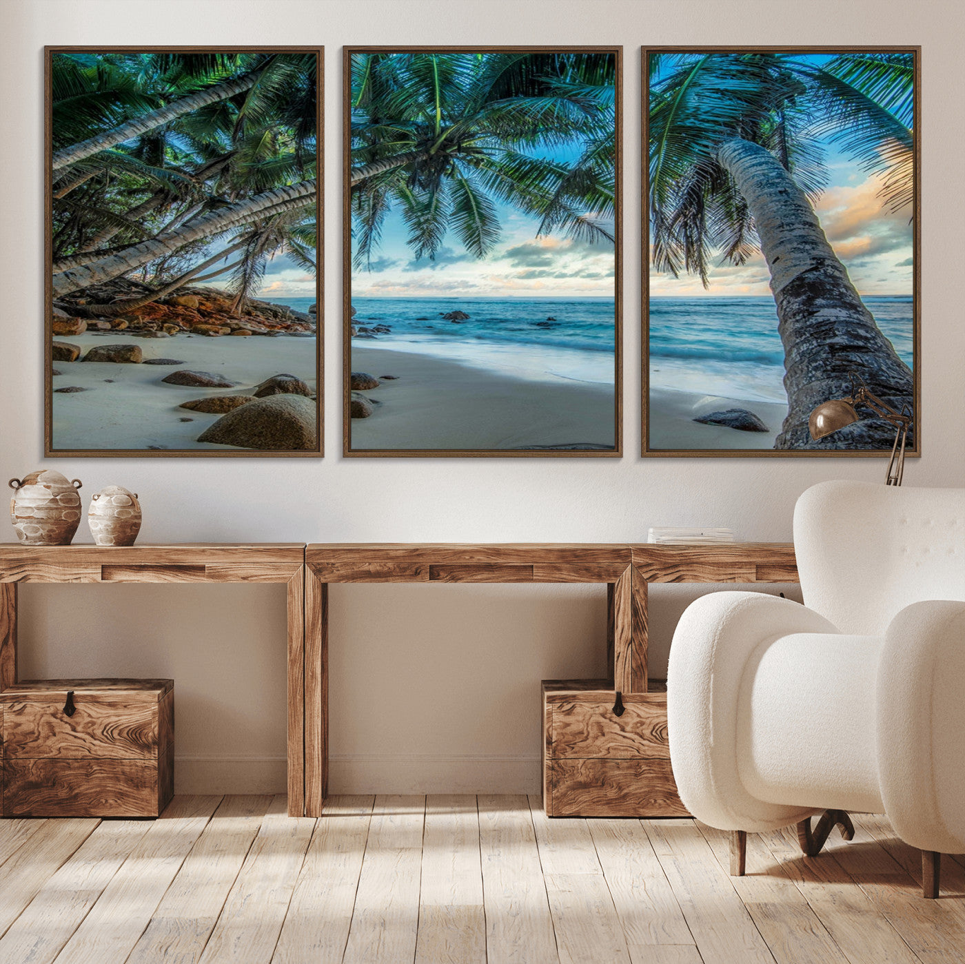39679-MGV-CV-36X24-Tropical Palm Beach Wall Art – Serene Ocean Canvas Print with Palm Trees and Rocks, Coastal Paradise Decor for Living Room or