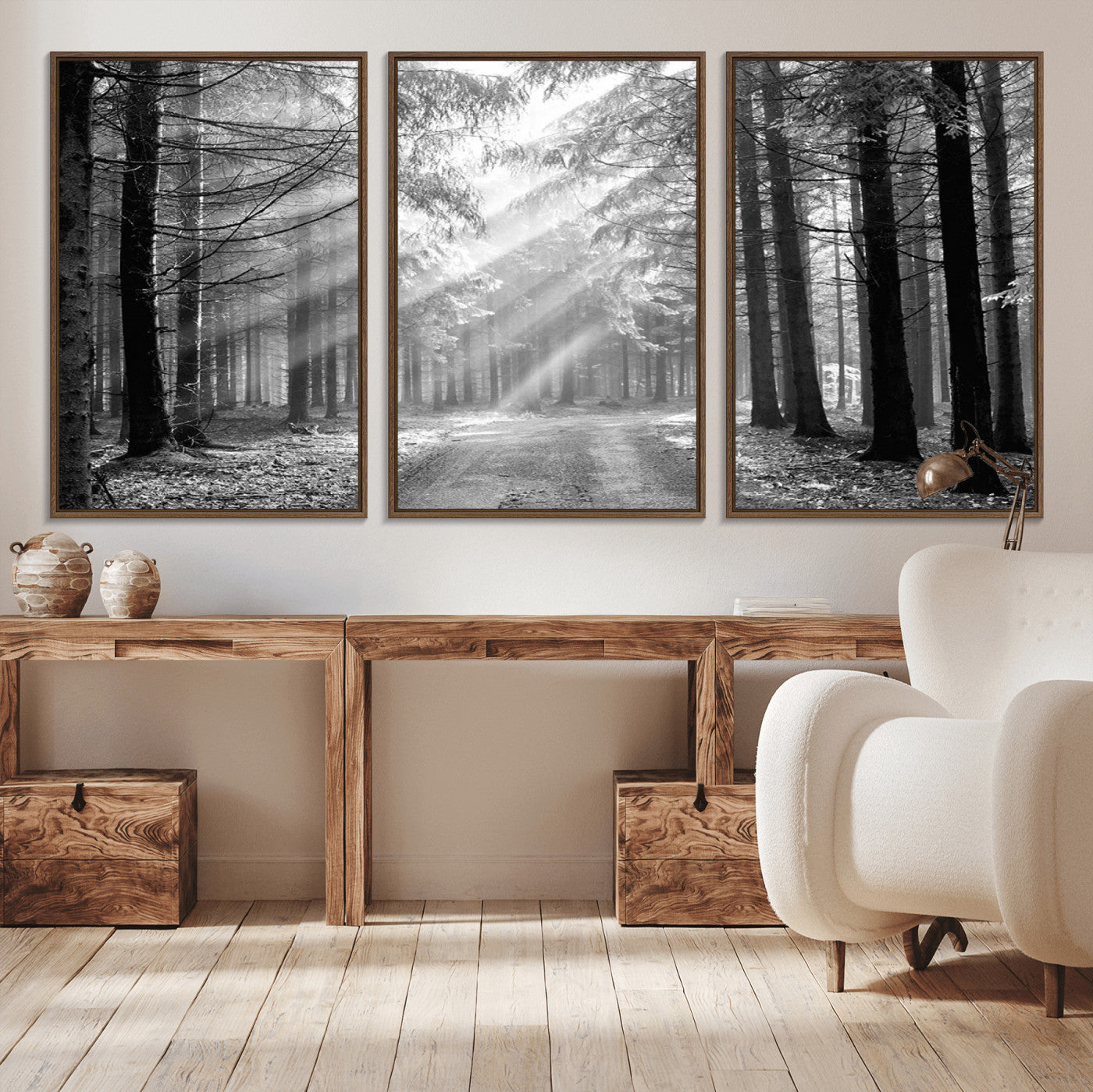 39665-MGV-CV-36X24-Black and White Forest Path Wall Art – Sunlight Rays in Trees Canvas Print, Nature Landscape Decor for Living Room