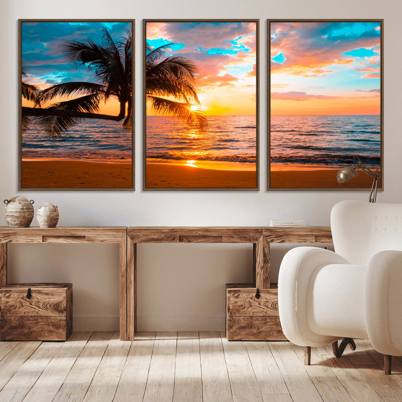 34674-MGV-CV-36X24-Tropical Sunset Beach Wall Art – Palm Tree Ocean Canvas Print, Coastal Seascape Decor for Living Room or Office Wall