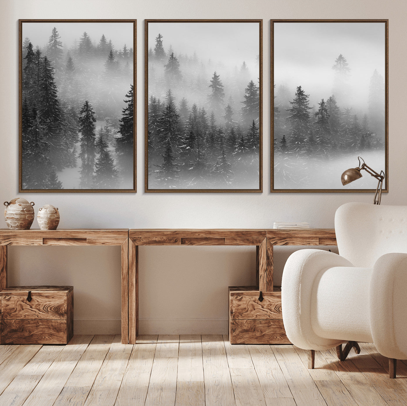 57235-MGV-CV-36X24-Misty Pine Forest Wall Art – Black and White Mountain Landscape Canvas Print, Nature Woodland Decor for Living Room, Bedroom or