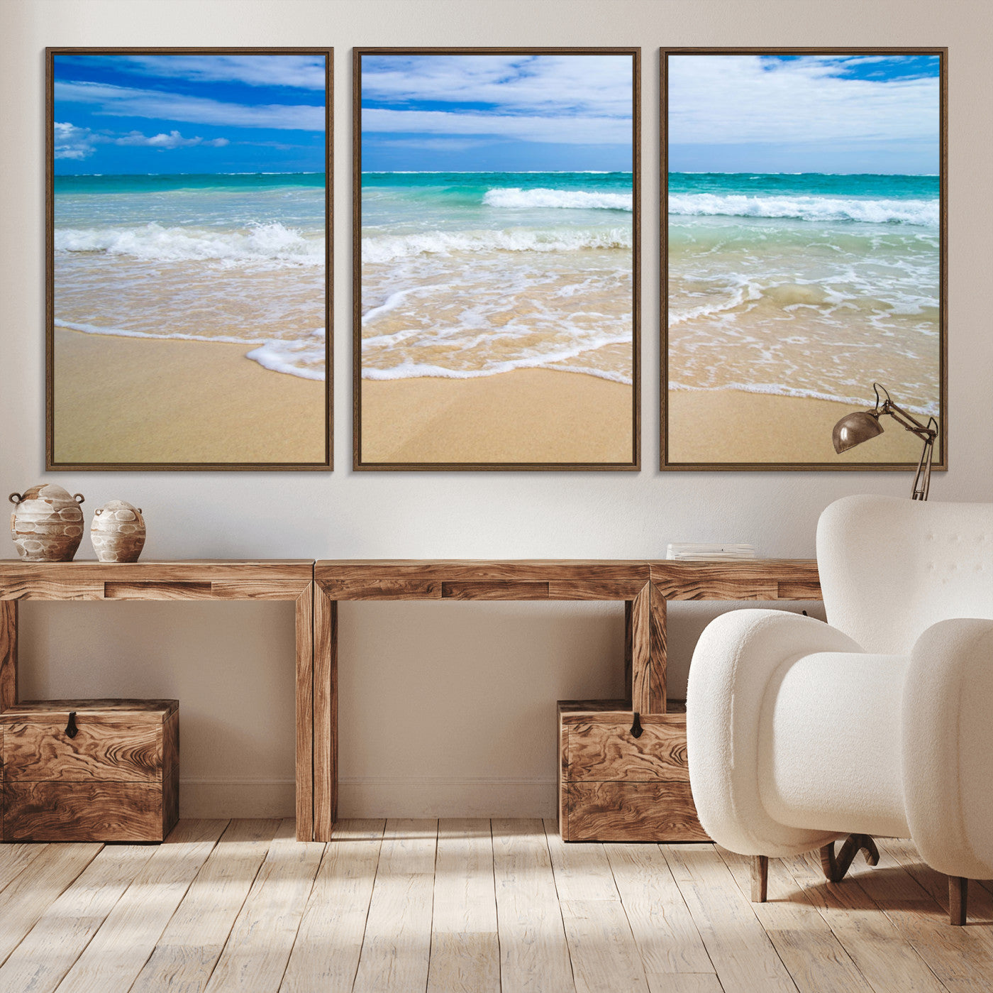 20660-MGV-CV-36X24-Ocean Wave Beach Wall Art – Serene Blue Sea and Sandy Shore Canvas Print, Coastal Landscape Photography Decor for Living Room or
