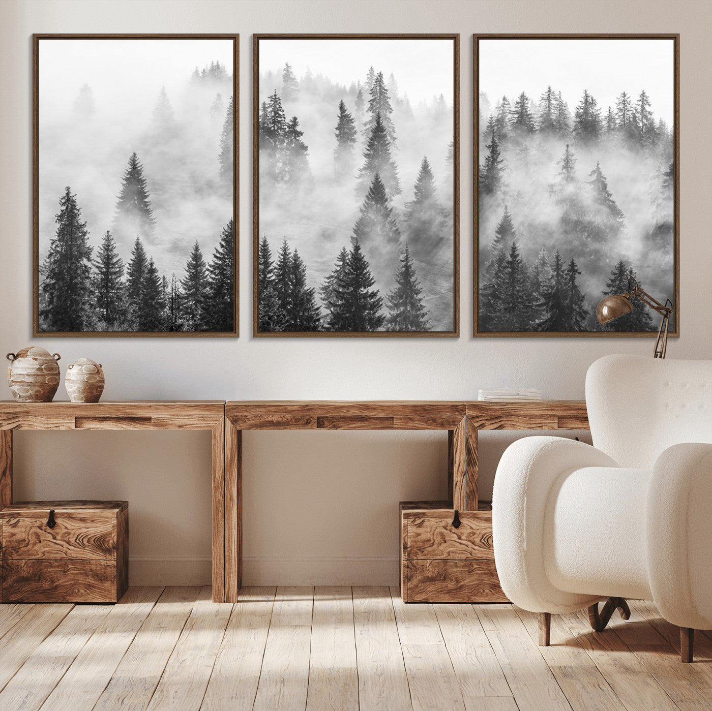 10422-MGV-CV-36X24-Misty Pine Forest Wall Art – Black and White Foggy Landscape Canvas Print, Serene Nature Woodland Decor for Bedroom, Office or