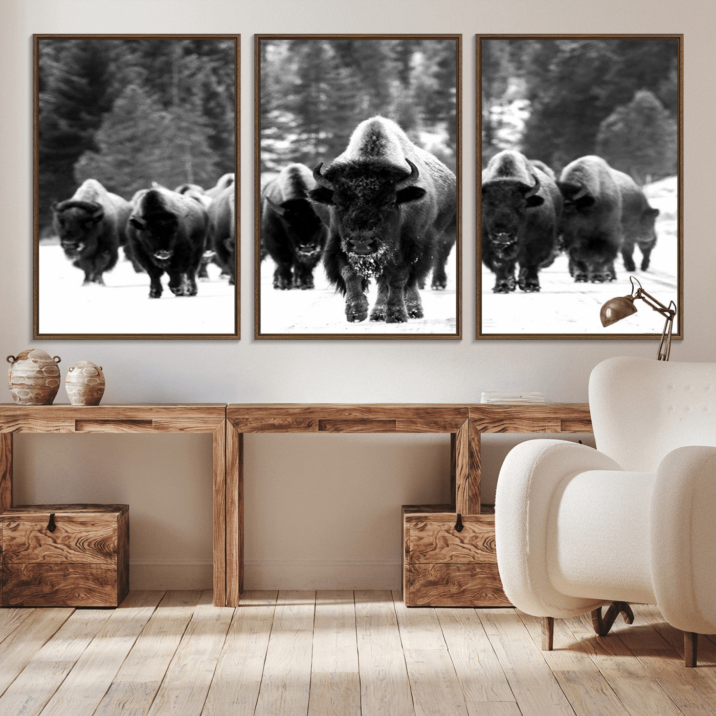 62434-MGV-CV-36X24-Bison Herd Wall Art – Majestic Black and White Buffalo Canvas Print, Wildlife Nature Photography Decor for Living Room, Office or