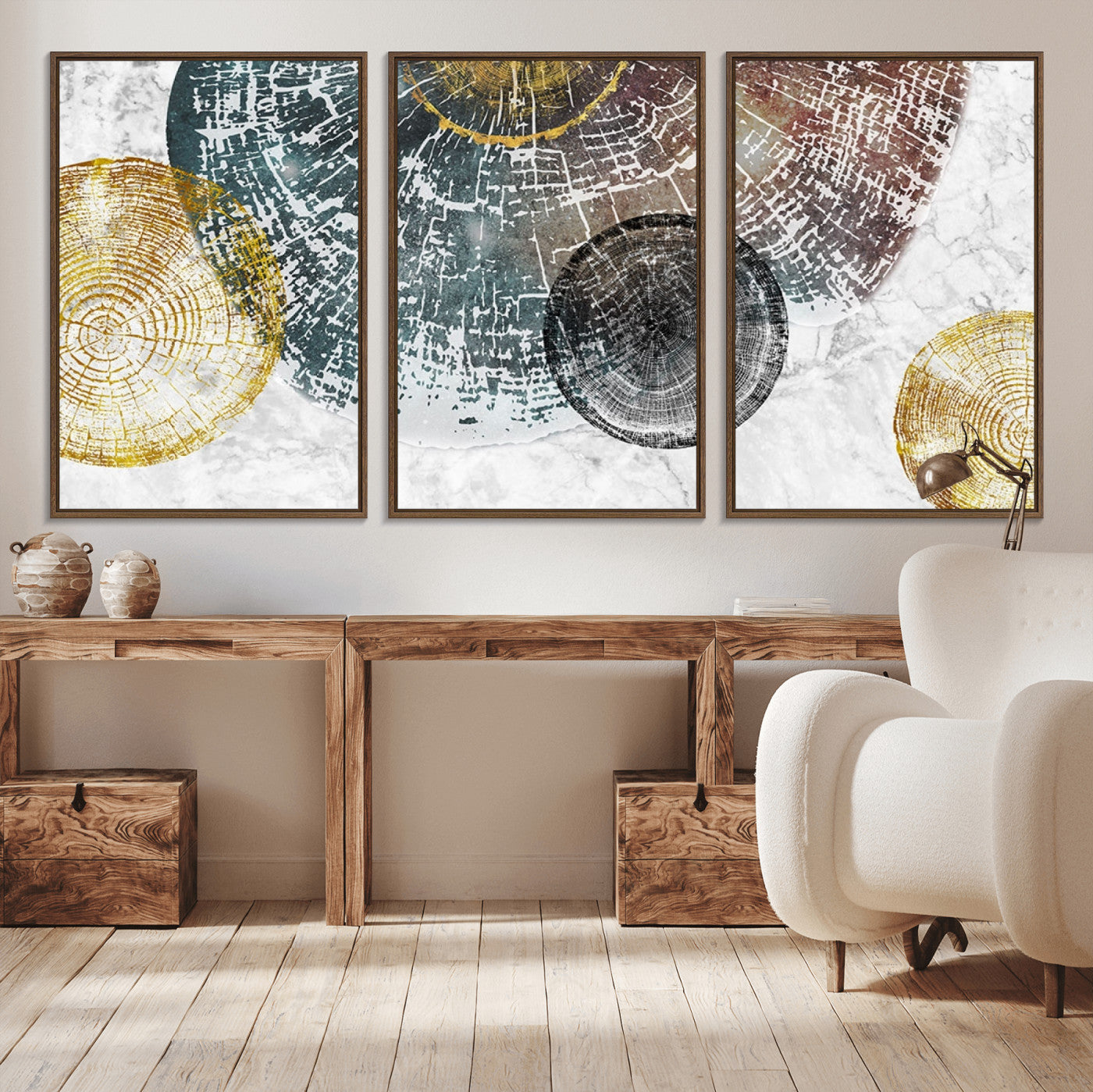 70653-MGV-CV-60X30-3P-Abstract Tree Ring Wall Art – Modern Rustic Wood Slice Canvas Print with Gold Accents, Contemporary Nature Decor for Living Room,