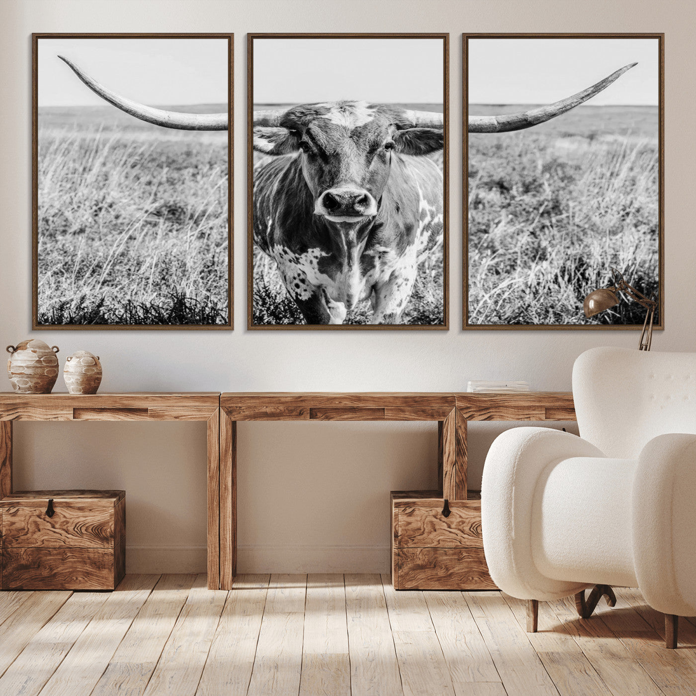 77320-MGV-CV-36X24-Texas Longhorn Wall Art – Black and White Western Cattle Canvas Print, Rustic Farmhouse Animal Photography Decor for Living Room,