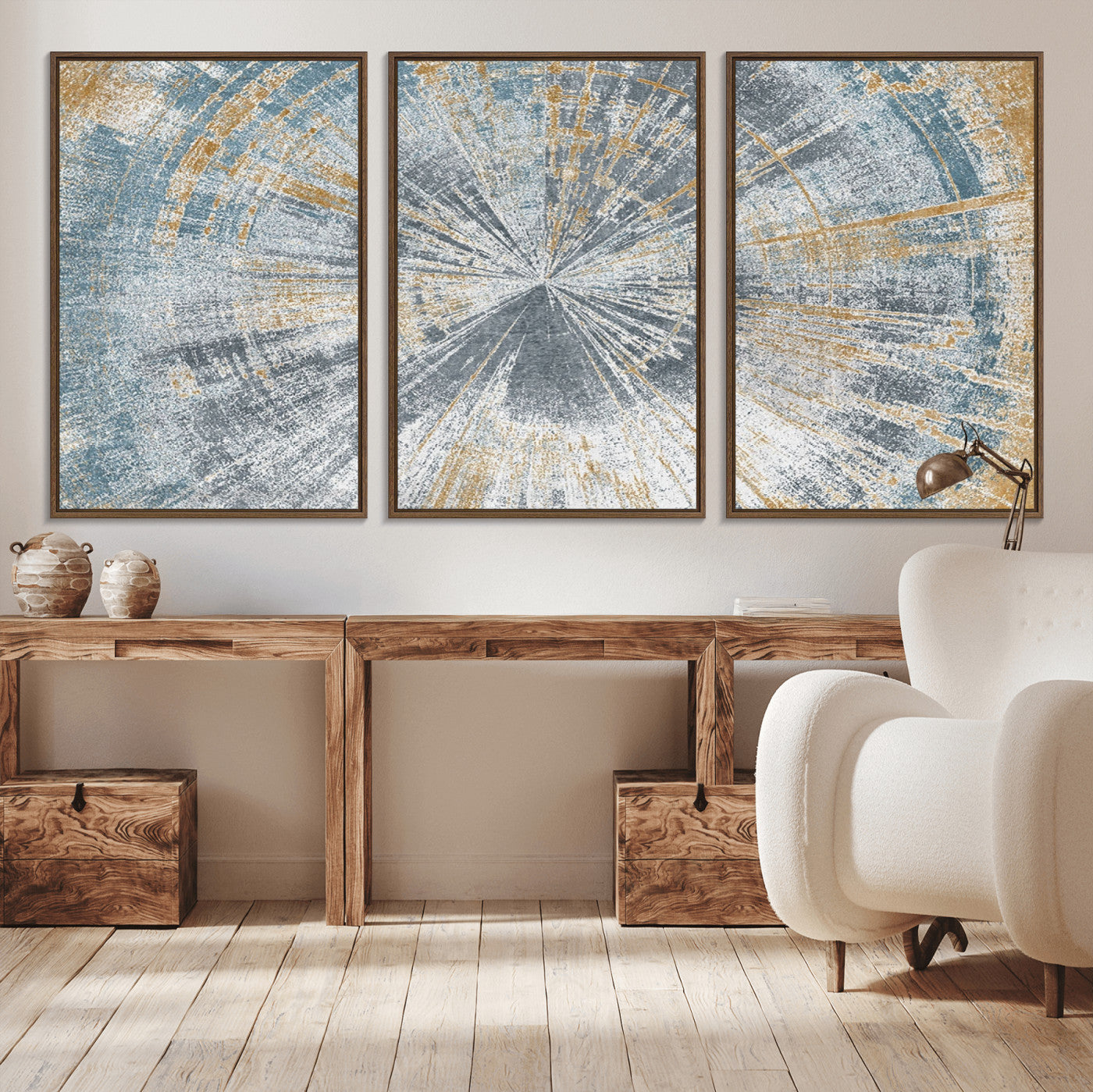 17631-MGV-CV-36X24-Radiant Burst Wall Art – Abstract Sunburst Canvas Print in Blue and Gold, Modern Geometric Painting for Living Room, Office or