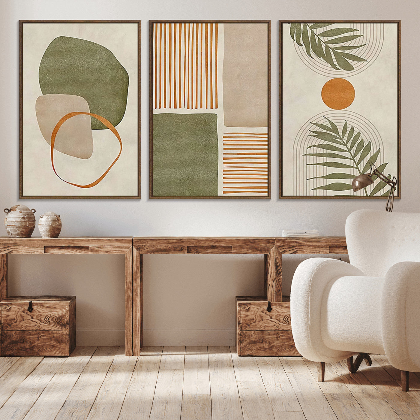 96002-MGV-CV-36X24-Abstract Geometric Wall Art – Modern Canvas Print with Green, Orange & Beige Shapes, Minimalist Home Decor for Living Room, Office