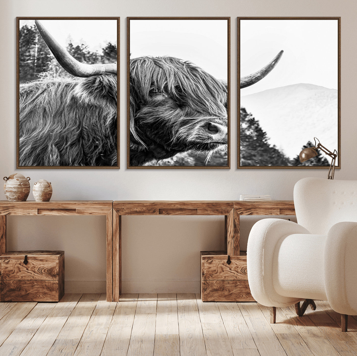 61570-MGV-CV-36X24-Highland Cow Wall Art – Black and White Scottish Bull Canvas Print, Rustic Farmhouse Animal Decor for Living Room, Bedroom, or