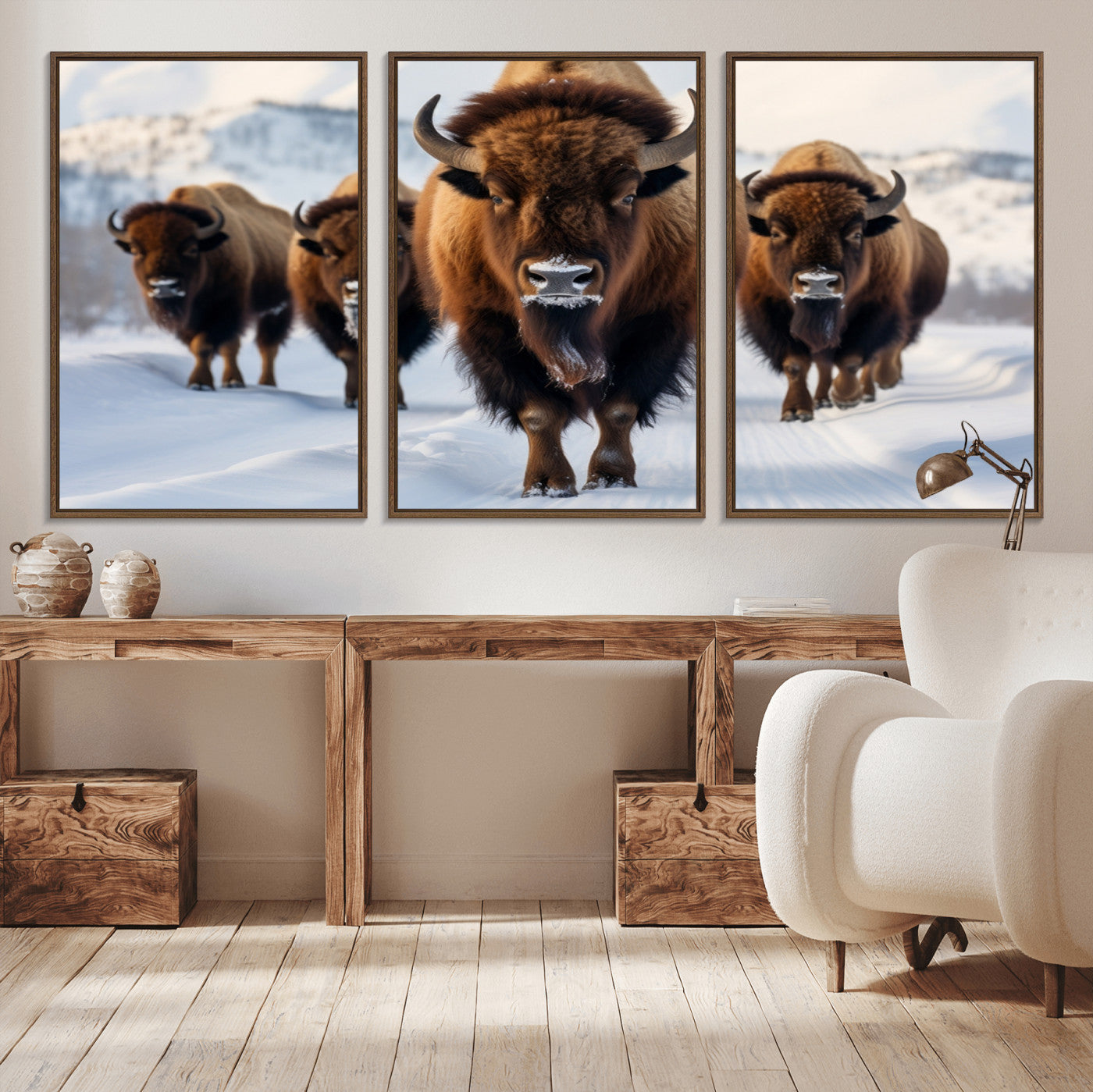56701-MGV-CV-36X24-Bison Herd Wall Art – Buffalo Walking in Snowy Mountains Canvas Print, Rustic Wildlife Decor for Cabin, Lodge, or Living Room
