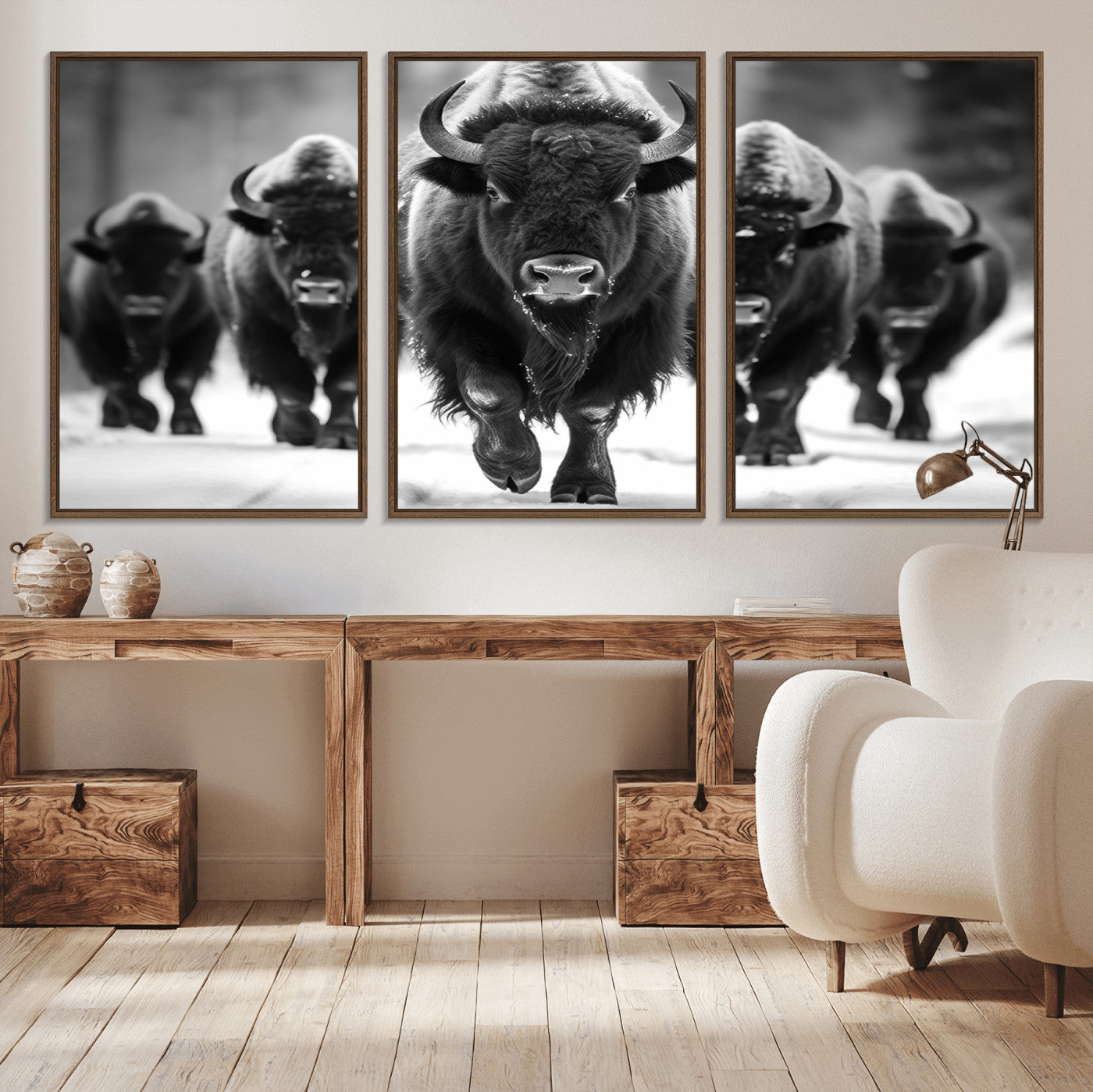 79872-MGV-CV-36X24-Bison Herd Wall Art – Black and White Buffalo on Snow Canvas Print, Rustic Wildlife Decor for Lodge, Cabin, or Living Room