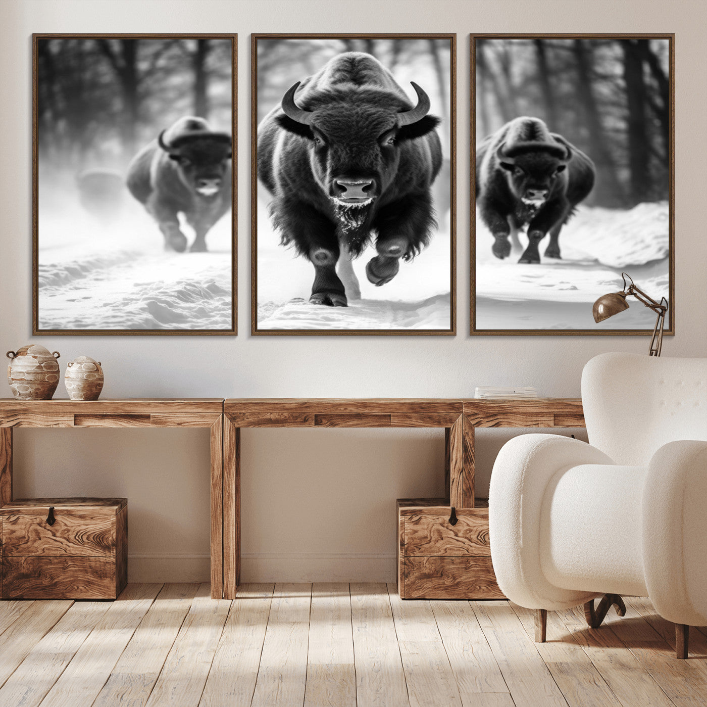 97552-MGV-CV-36X24-Black and White Bison Wall Art – Buffalo Herd Running in Snow Canvas Print, Rustic Wildlife Photography Decor for Cabin, Lodge, or
