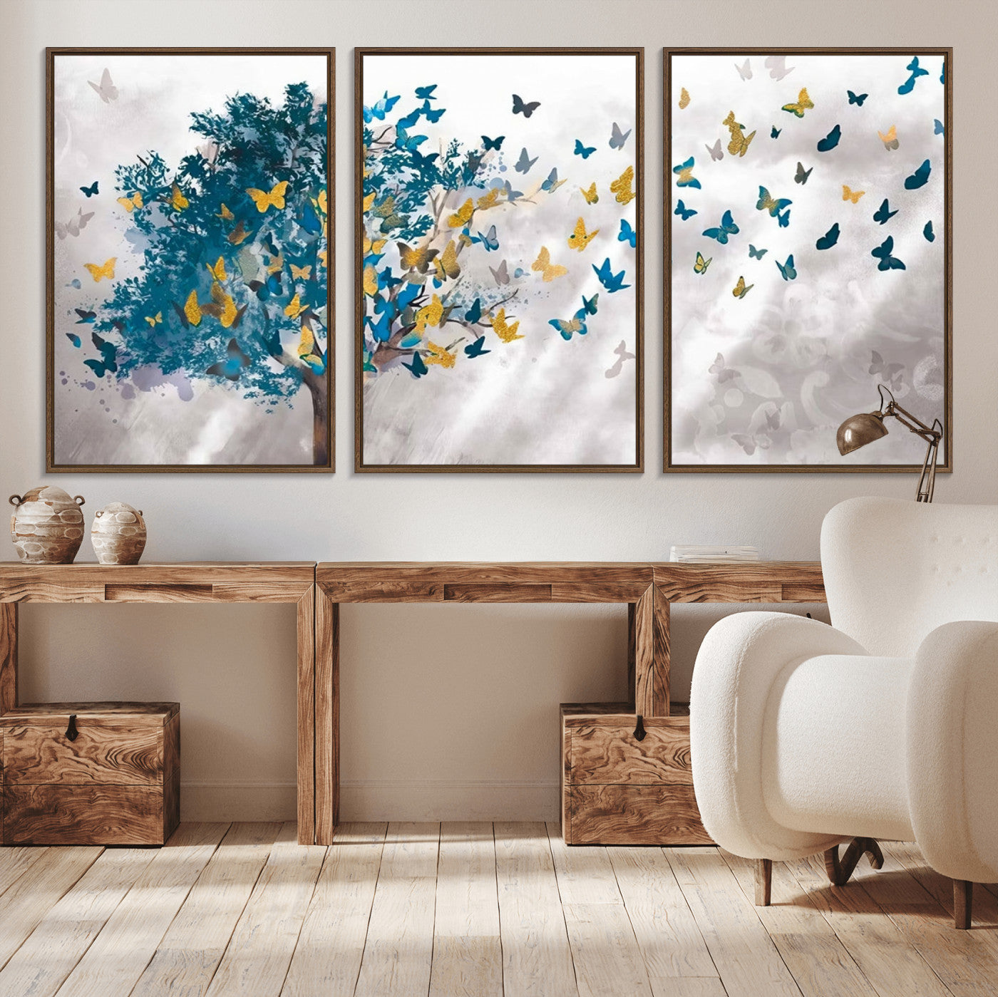 37564-MGV-CV-36X24-Butterfly Tree Wall Art – Modern Nature Canvas Print with Blue and Golden Butterflies, Elegant Decorative Painting for Living Room