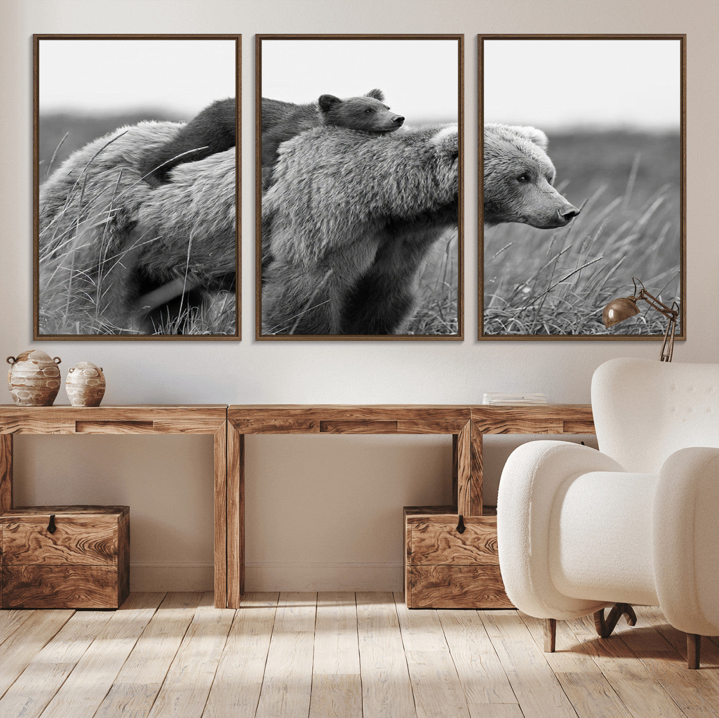 76338-MGV-CV-36X24-Mother Bear and Cub Wall Art – Black and White Wildlife Canvas Print, Rustic Nature Photography for Cabin, Living Room or Office
