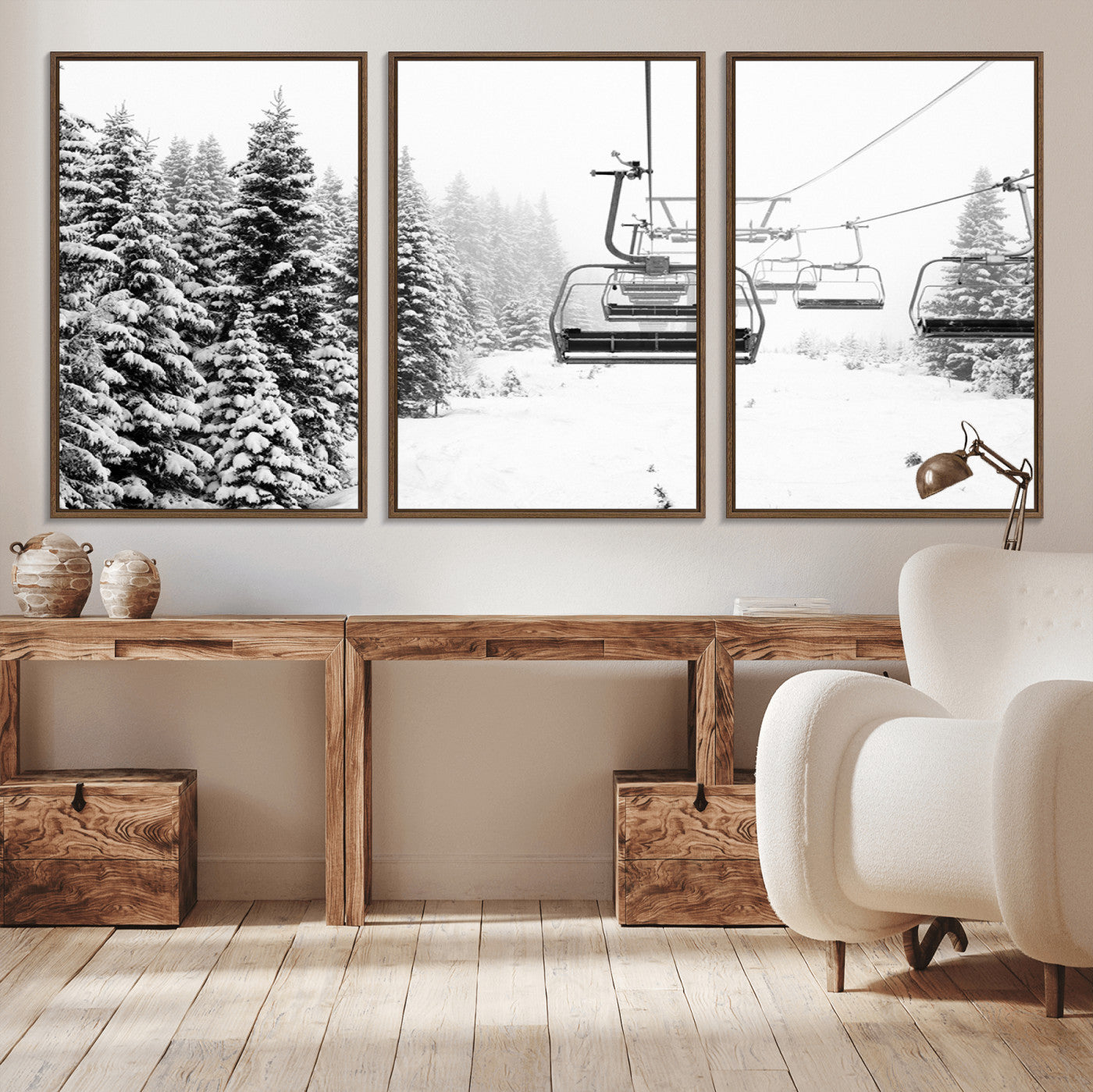 70609-MGV-CV-36X24-Snowy Ski Lift Wall Art – Black and White Winter Mountain Landscape Canvas Print, Rustic Lodge Decor for Cabin, Living Room or