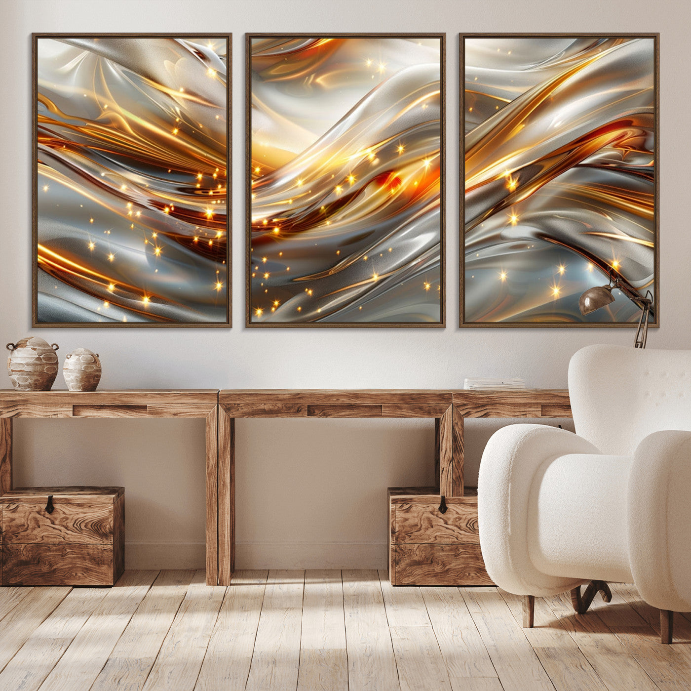 Lines1-MGV-CV-36X24-Abstract Metallic Wall Art – Silver and Gold Wave Canvas Print with Sparkling Accents, Modern Luxury Decor for Living Room, Office