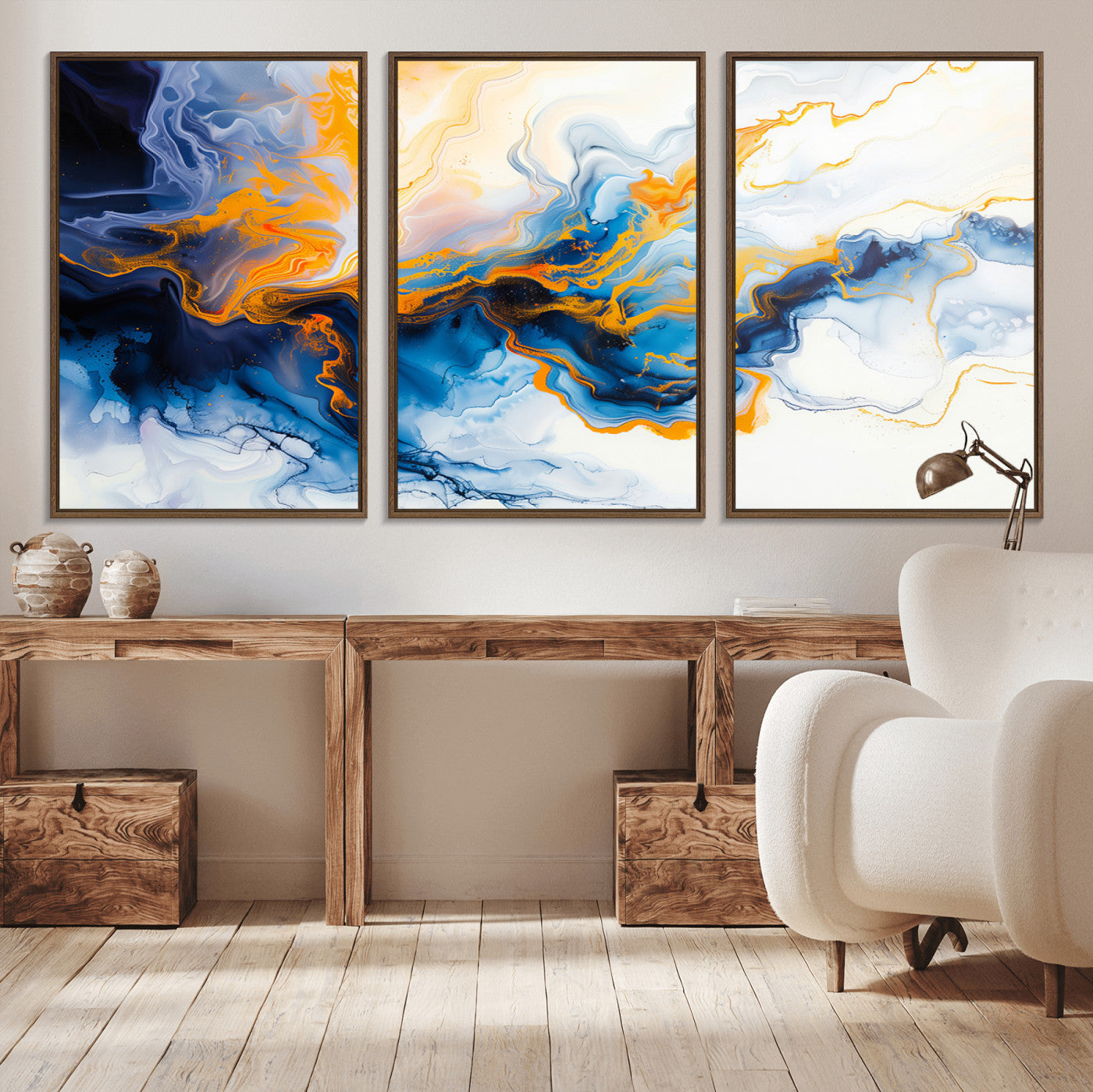 83720-MGV-CV-36X24-Abstract Fluid Wall Art – Blue, White and Gold Swirl Canvas Painting, Modern Contemporary Artwork for Living Room, Bedroom or