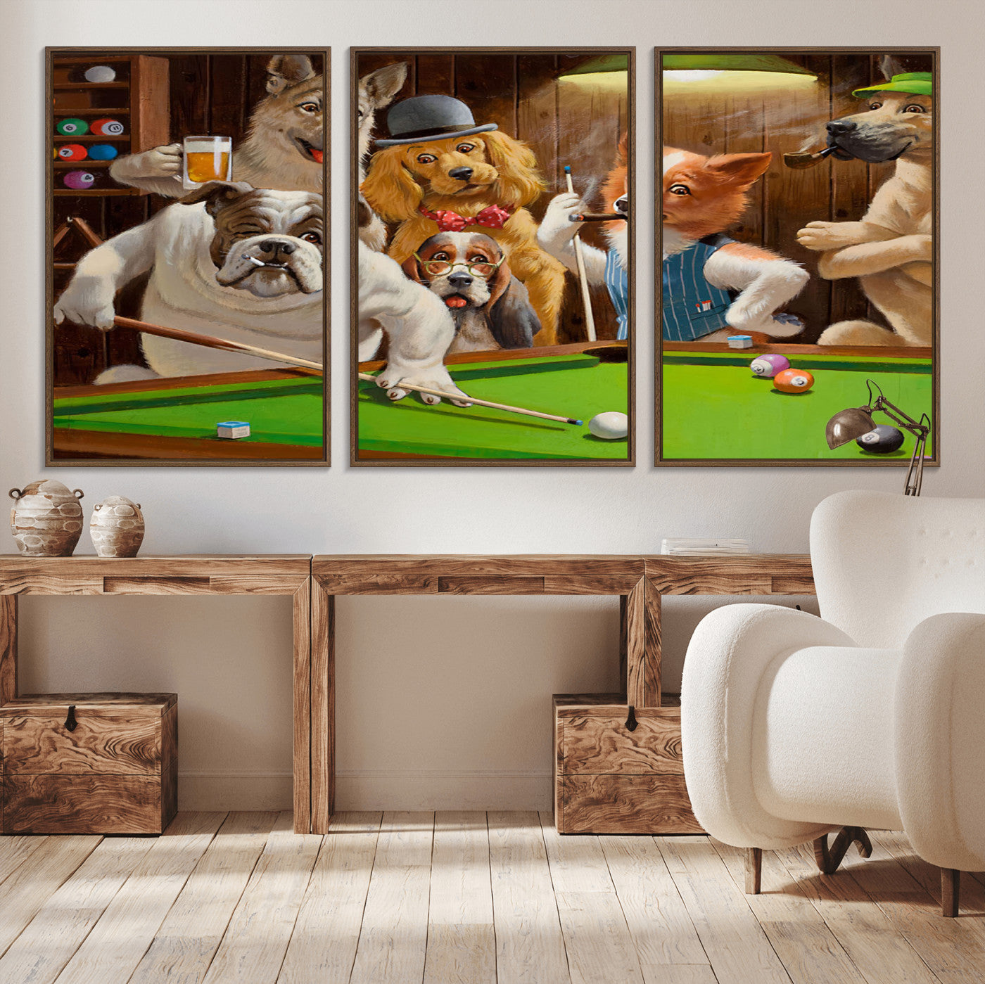 34228-MGV-CV-36X24-Dogs Playing Pool Wall Art Canvas Print, Framed Funny Dog Art Picture Print, Dog Perfect Game Room Decor Artwork