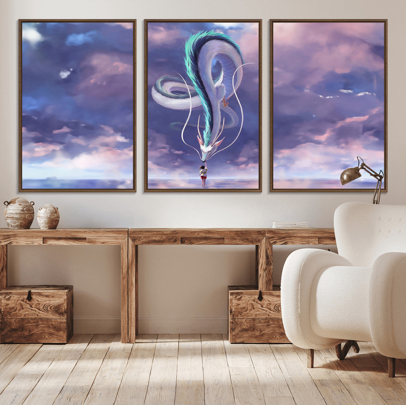 66864-MGV-CV-36X24-Fantasy Dragon Wall Art – Mystical Canvas Print Girl and Sky Serpent Dreamlike Clouds, Magical Anime Inspired Decor for Living