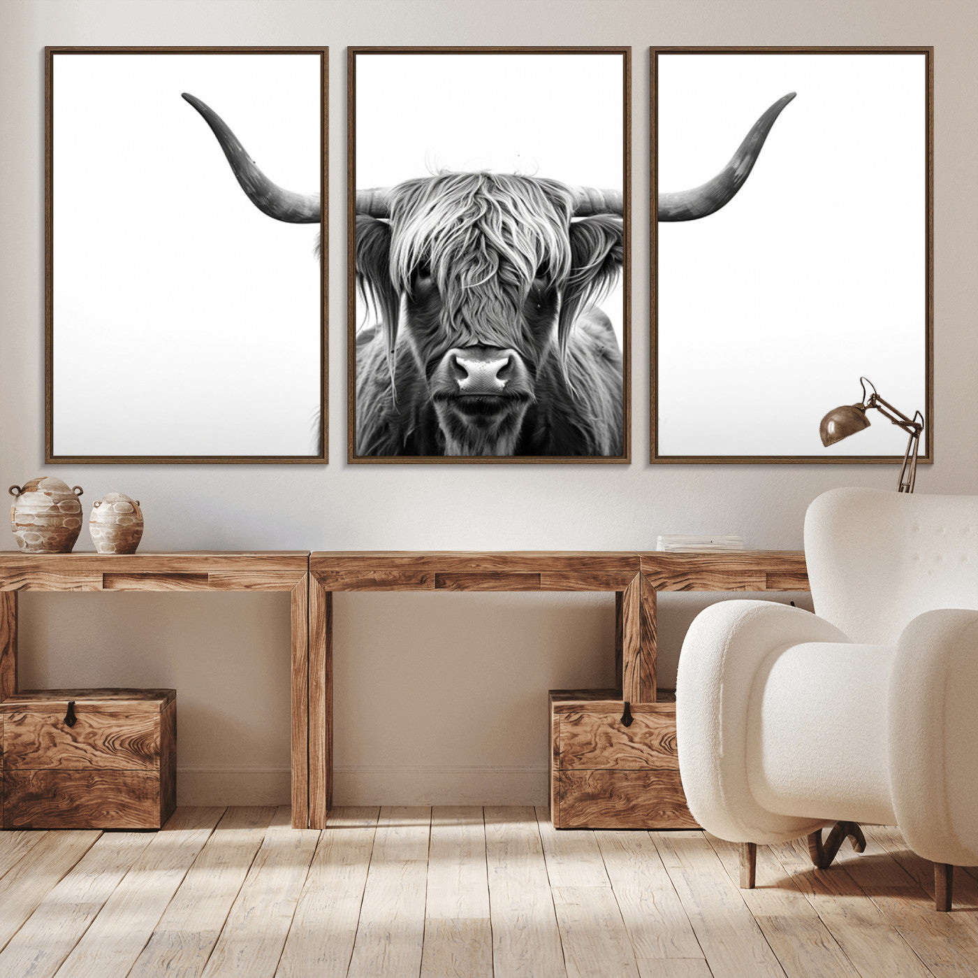 49556-MGV-CV-36X24-Highland Cow Wall Art – Black and White Scottish Highland Cattle Print, Rustic Farmhouse Minimalist Animal Portrait Canvas for