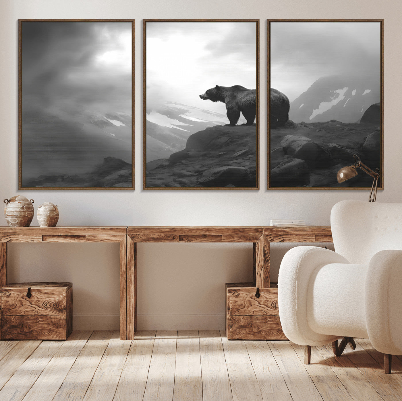 49504-MGV-CV-36X24-Black and White Grizzly Bear Wall Art – Wilderness Wildlife Painting, Rustic Mountain Cabin Decor, Monochrome Animal Print for