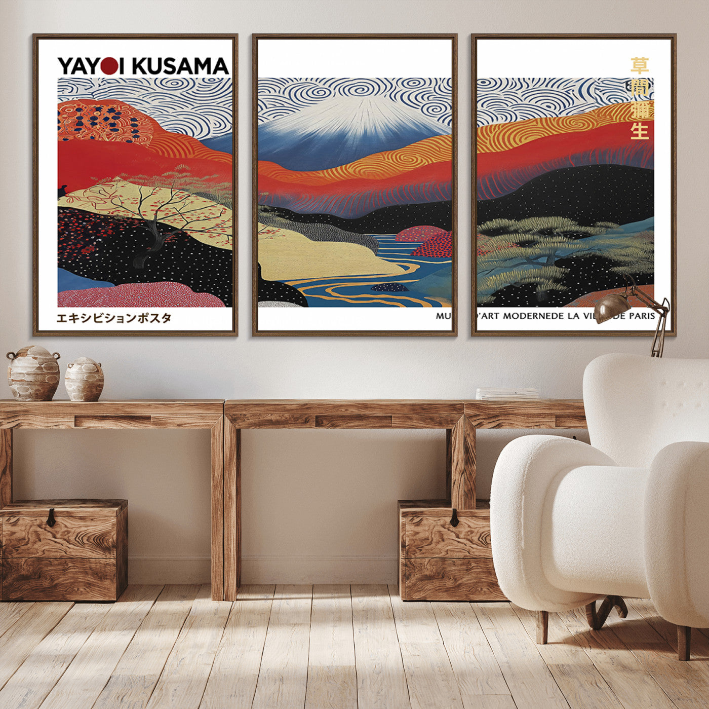 14839-MGV-CV-36X24-Yayoi Kusama Wall Art – Panoramic Mountain & River Canvas Print, Modern Abstract Japanese Landscape Decor for Living Room or