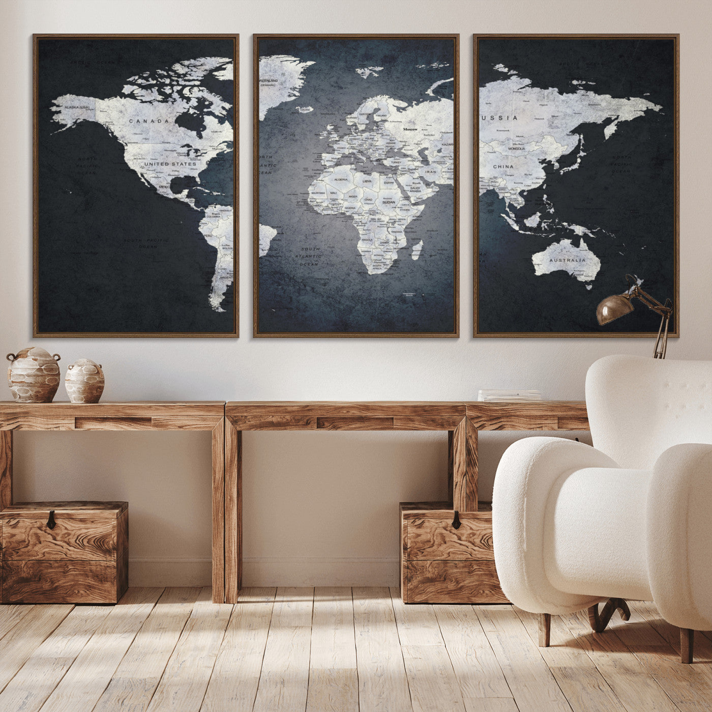 19124-MGV-CV-36X24-Modern World Map Wall Art – Black and White Canvas Print, Minimalist Global Map Decor for Office, Study, Bedroom or Living Room