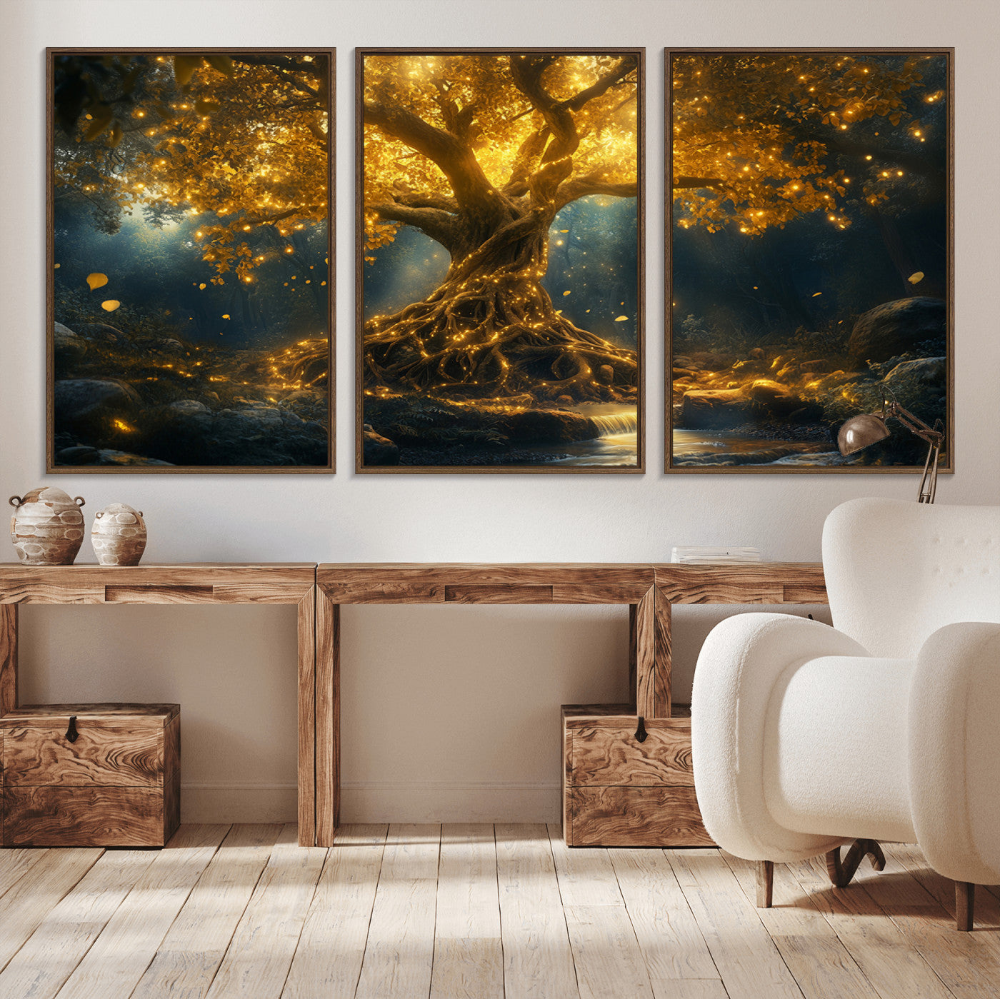 92739-MGV-CV-36X24-Glowing Tree Wall Art – Enchanted Golden Forest Canvas Print, Mystical Illuminated Nature Painting Poster for Living Room,