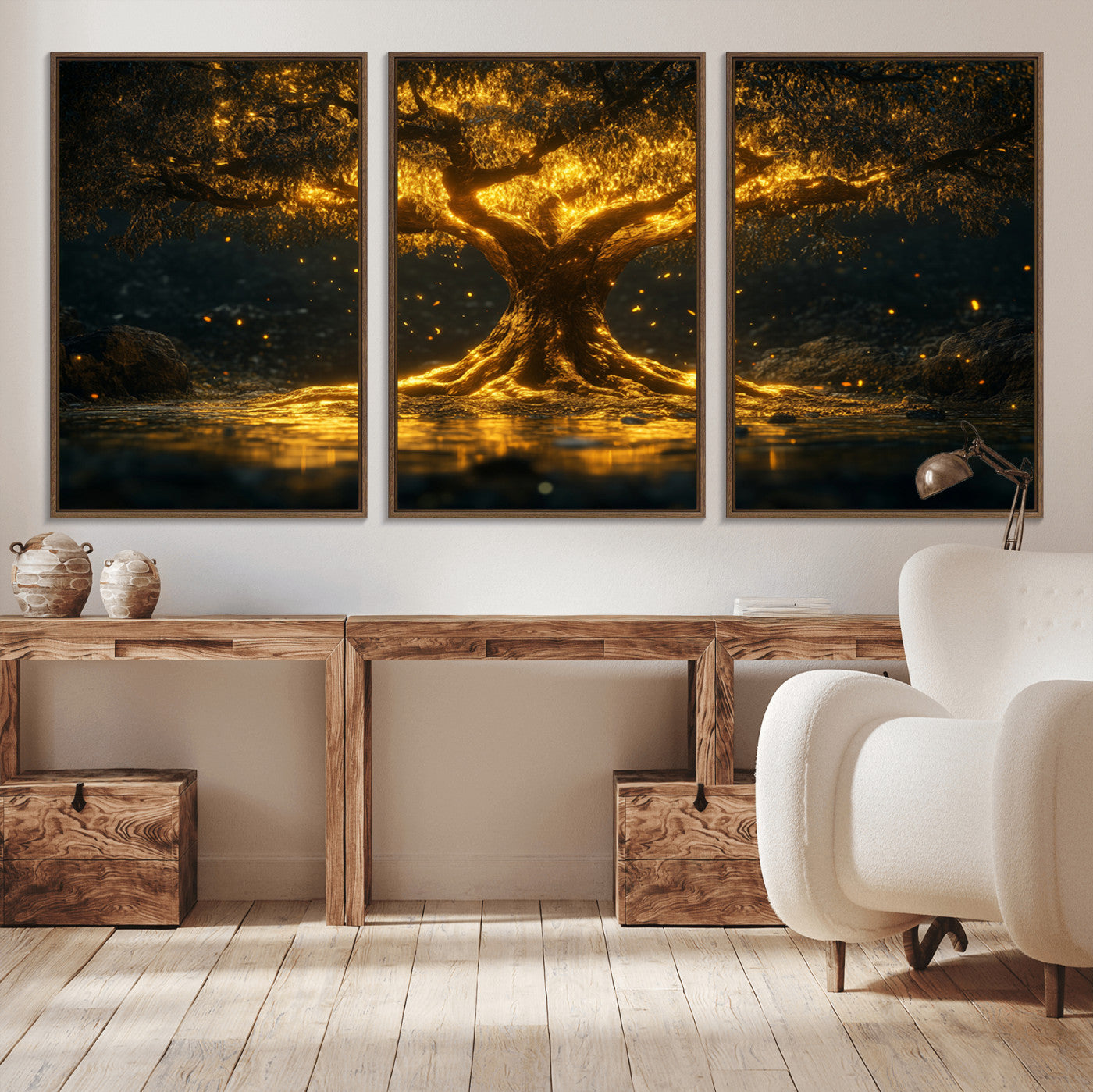 59580-MGV-CV-36X24-Glowing Tree Wall Art – Golden Fantasy Nature Canvas Print, Mystical Illuminated Tree Painting Poster for Living Room, Bedroom,