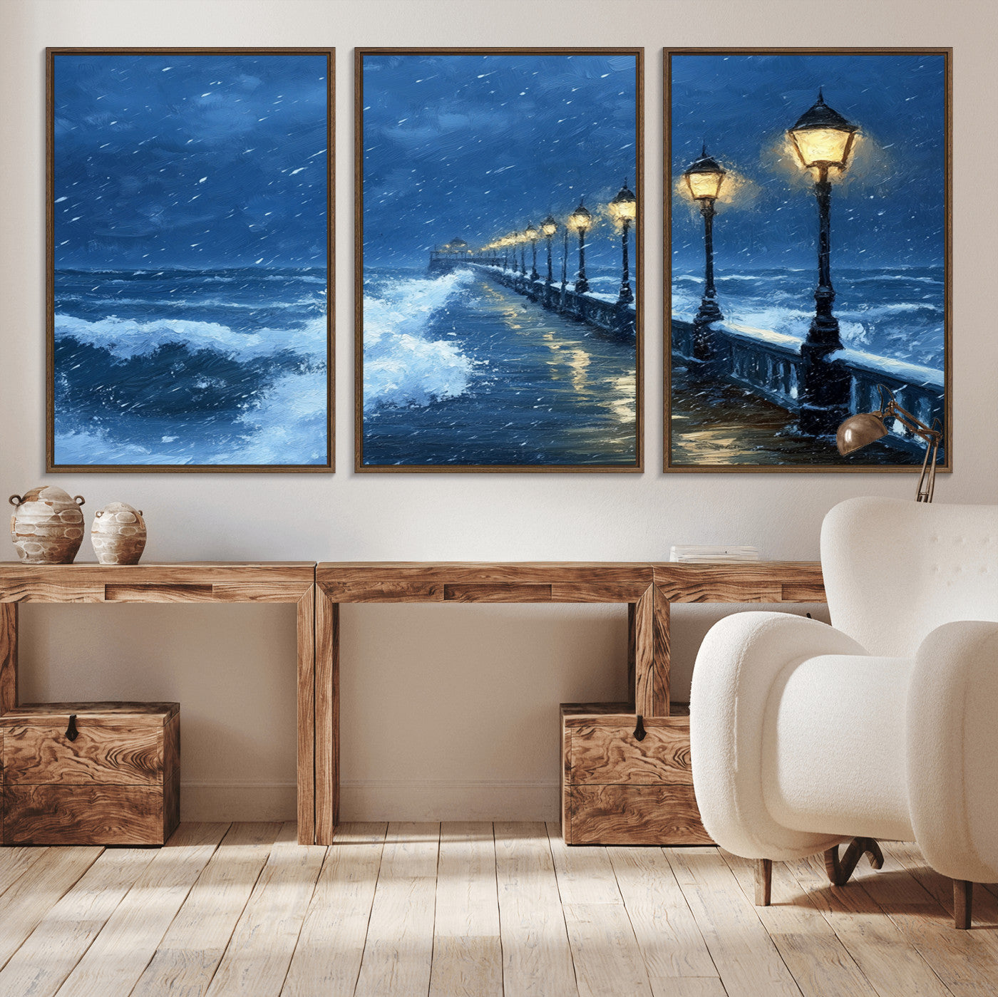 32668-MGV-CV-36X24-Stormy Pier Wall Art – Ocean Waves and Street Lamps Canvas Print, Rainy Night Seascape Oil Painting Poster for Living Room,