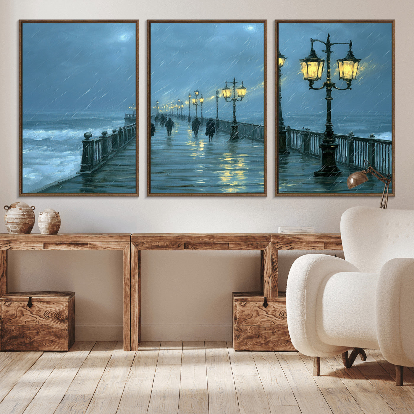 79606-MGV-CV-36X24-Rainy Pier Night Wall Art – Ocean Waves and Street Lamps Canvas Print, Moody Seascape Oil Painting Poster for Living Room,
