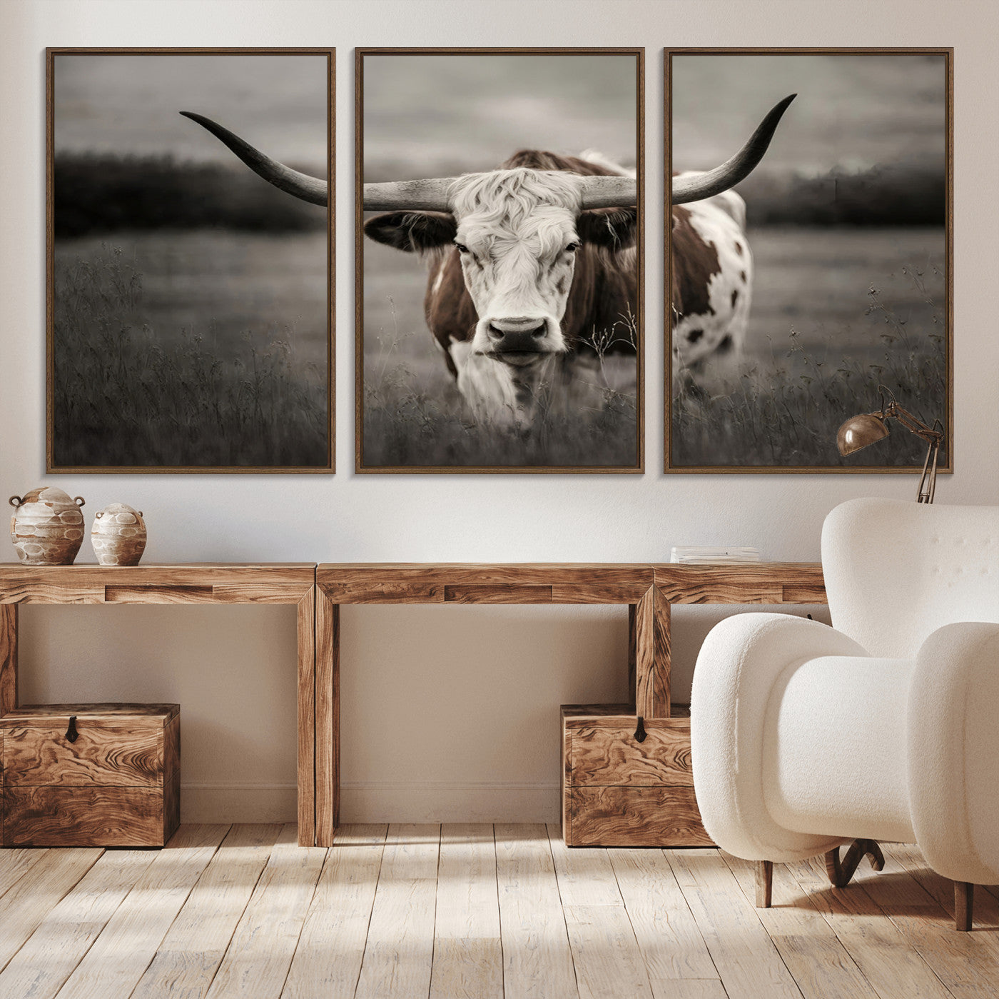 69238-MGV-CV-36X24-Longhorn Bull Wall Art – Rustic Black and White Texas Cattle Canvas Print, Western Farmhouse Animal Photography for Living Room,