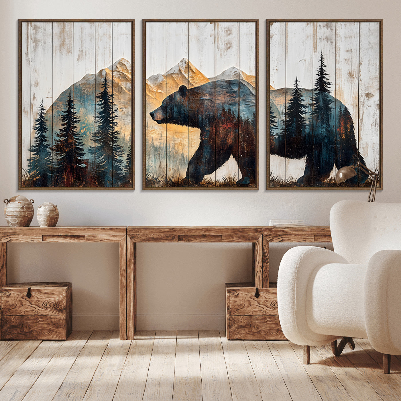 90077-MGV-CV-36X24-Wood Grizzly Bear Wall Art Canvas Print, Framed Abstract Bear Art Picture Print, Bear in Forest Perfect Rustic Lodge Decor Artwork