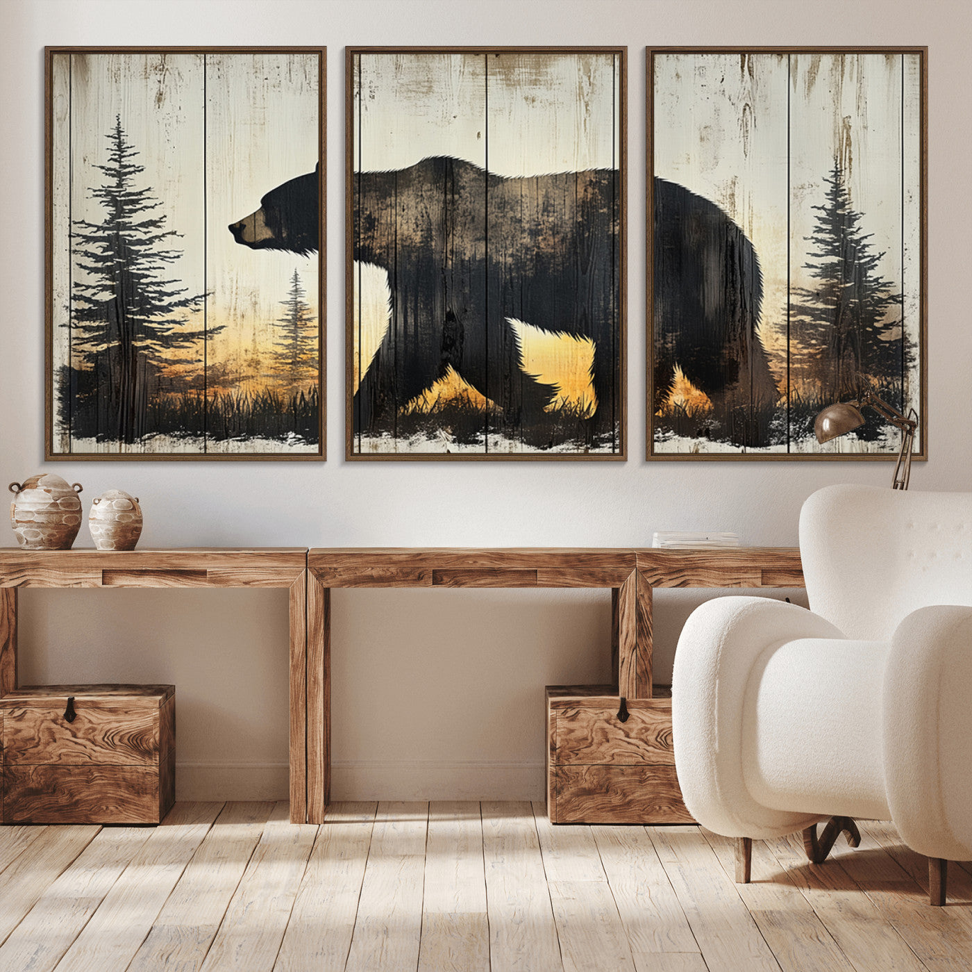 83875-MGV-CV-36X24-Sunset Bear Wall Art – Rustic Wildlife Canvas Print with Forest Silhouette, Cabin Lodge Decor for Living Room or Office