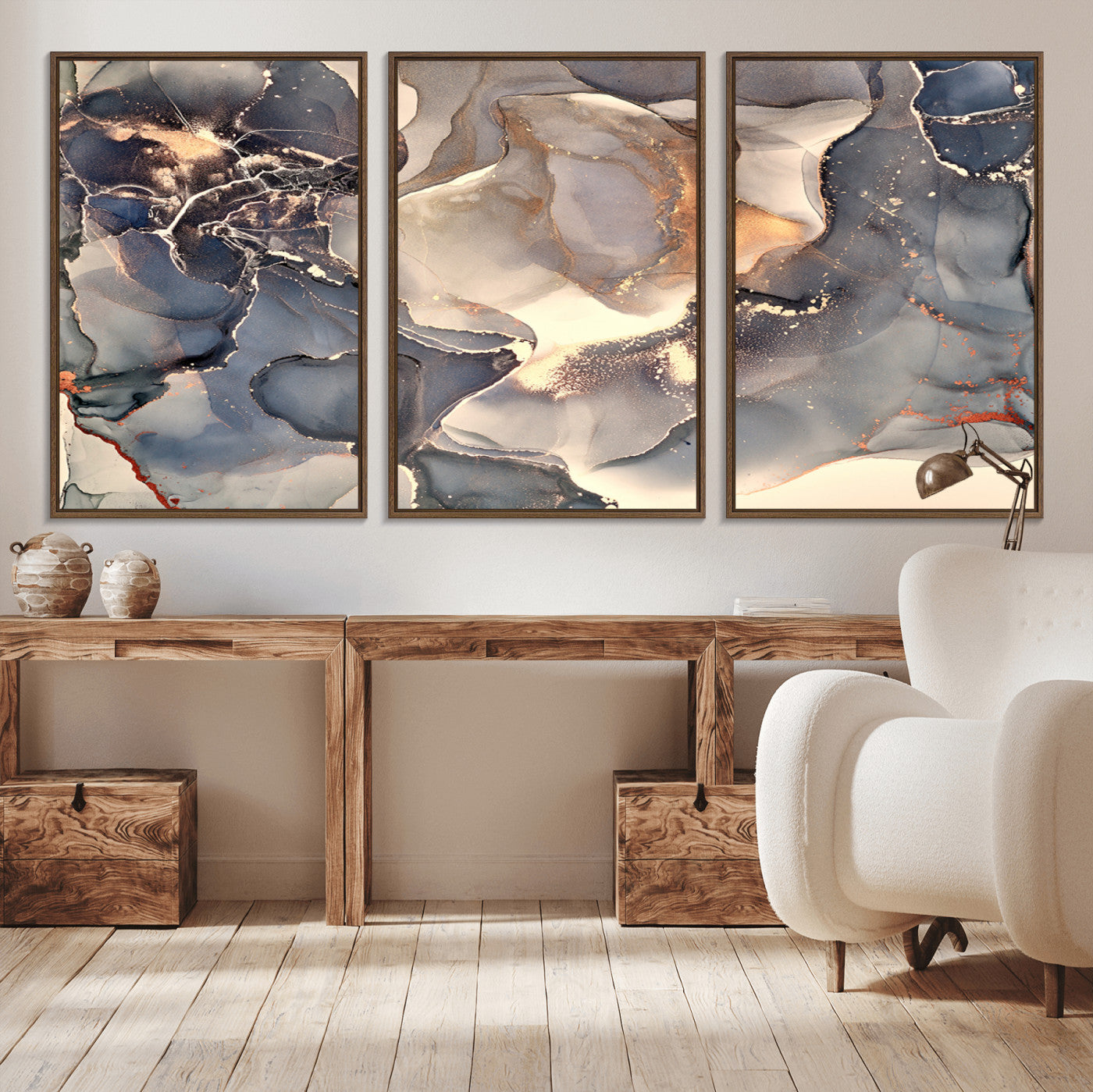 18202-MGV-CV-36X24-Abstract Neutral Wall Art – Blue, Beige and Gold Fluid Ink Canvas Print, Modern Minimalist Painting for Living Room, Office