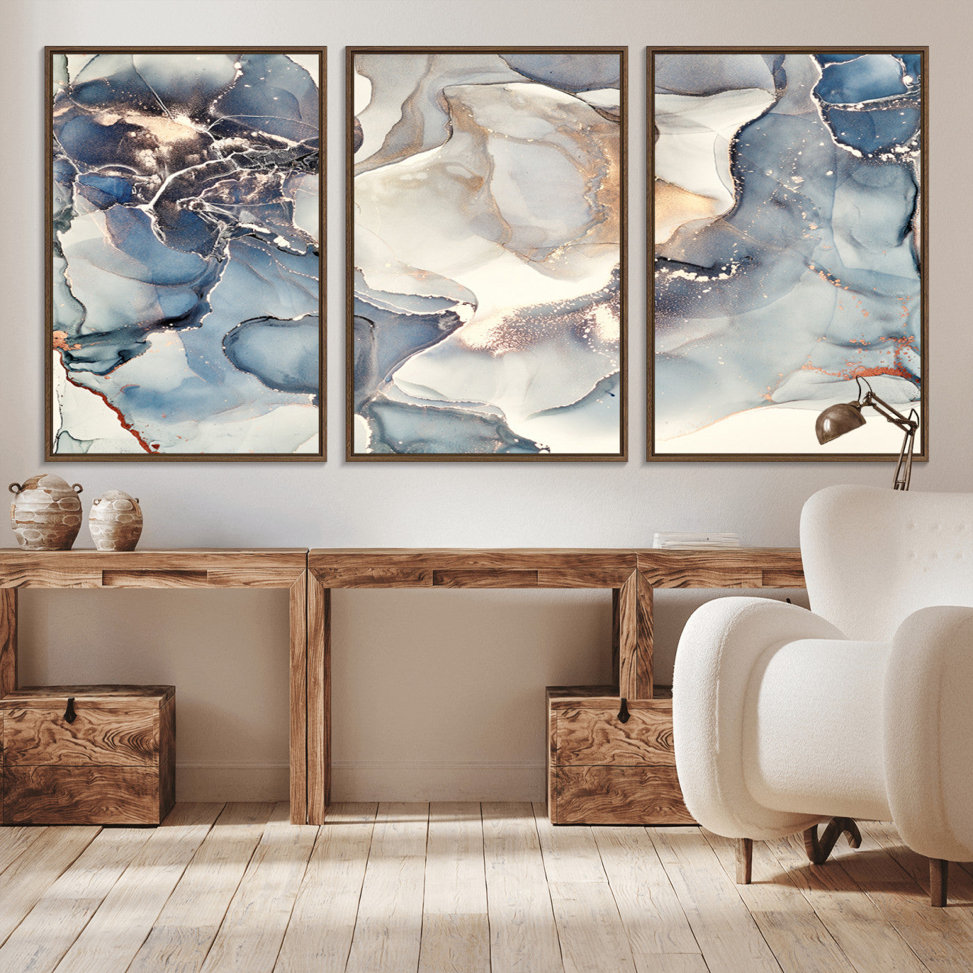 51497-MGV-CV-36X24-Abstract Blue and Gold Wall Art – Modern Fluid Ink Style Canvas Print, Elegant Contemporary Decor for Living Room, Office