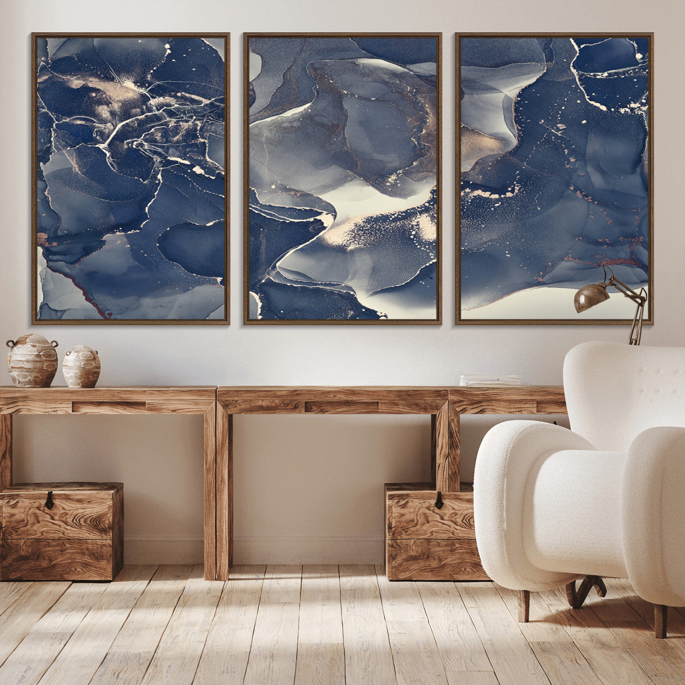 28282-MGV-CV-36X24-Blue Abstract Wall Art – Modern Ink Swirl Canvas Print, Contemporary Navy and Gold Painting for Living Room, Bedroom, Office or