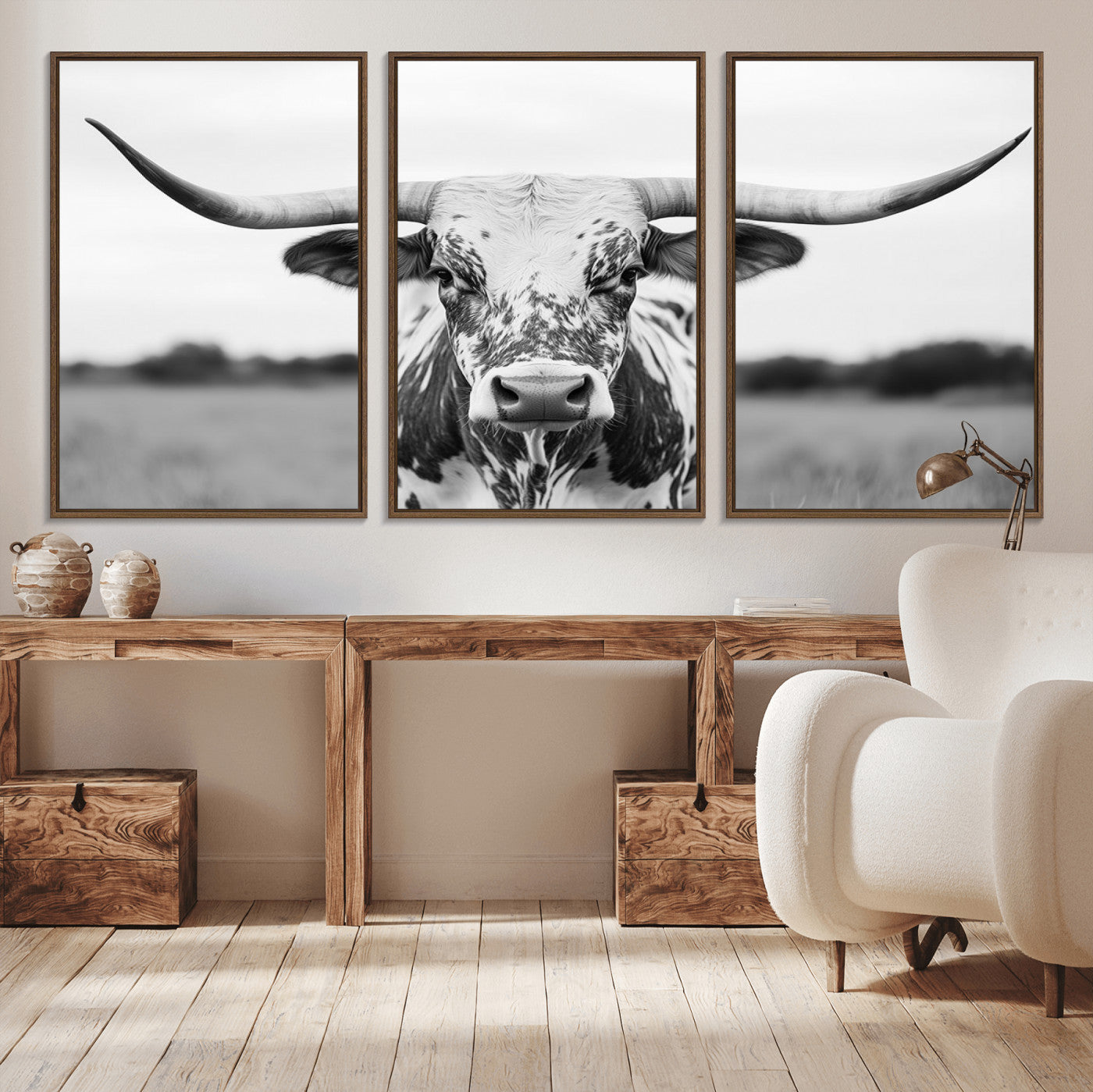 20272-MGV-CV-36X24-Texas Longhorn Wall Art – Black and White Cowboy Western Canvas Print, Rustic Farmhouse Cattle Photography Decor for Ranch, Barn