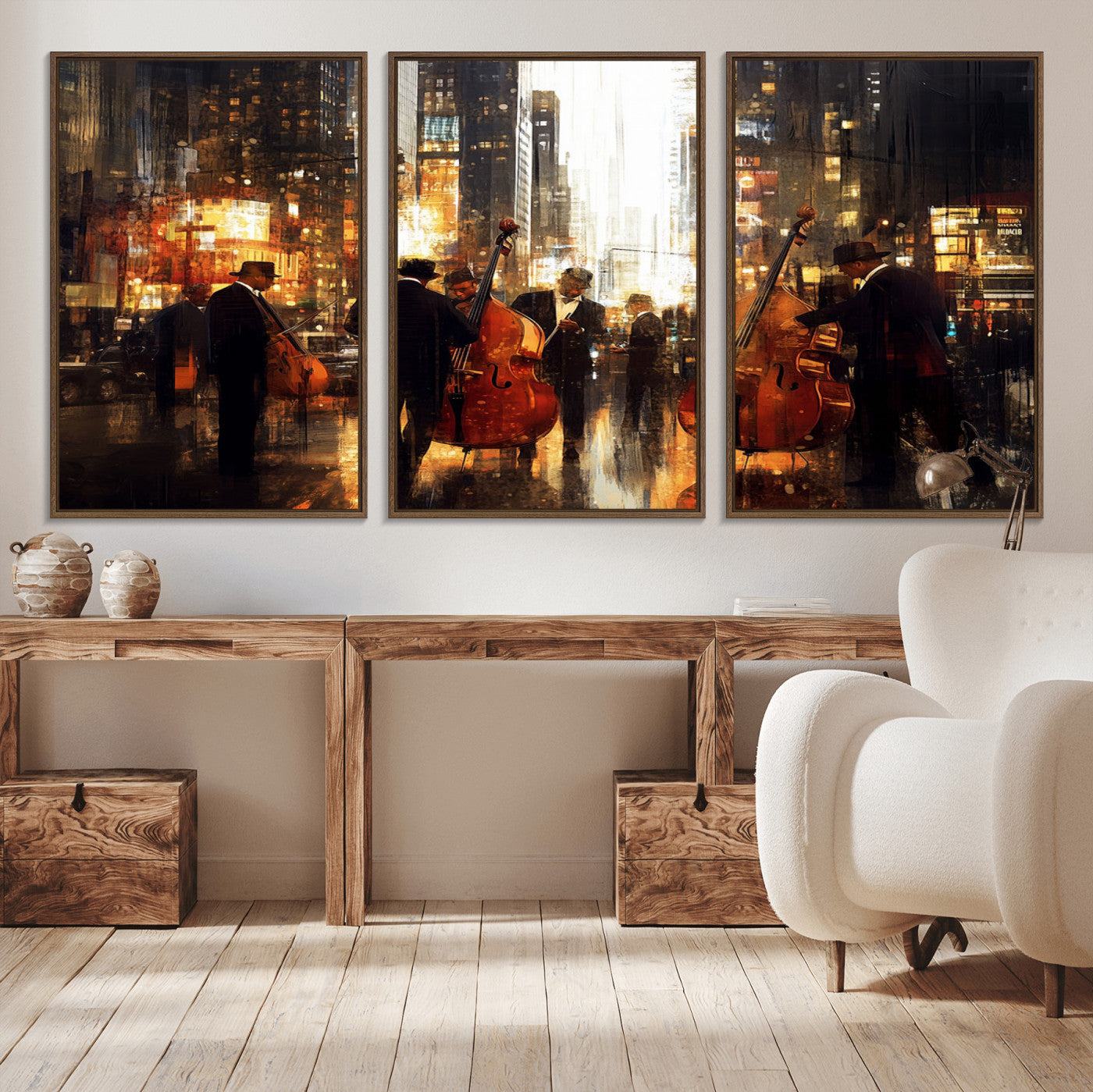 58782-MGV-CV-36X24-Jazz Musicians Cityscape Wall Art – Vibrant Urban Night Canvas Print, Elegant Music Themed Decor for Living Room, Office, or Music