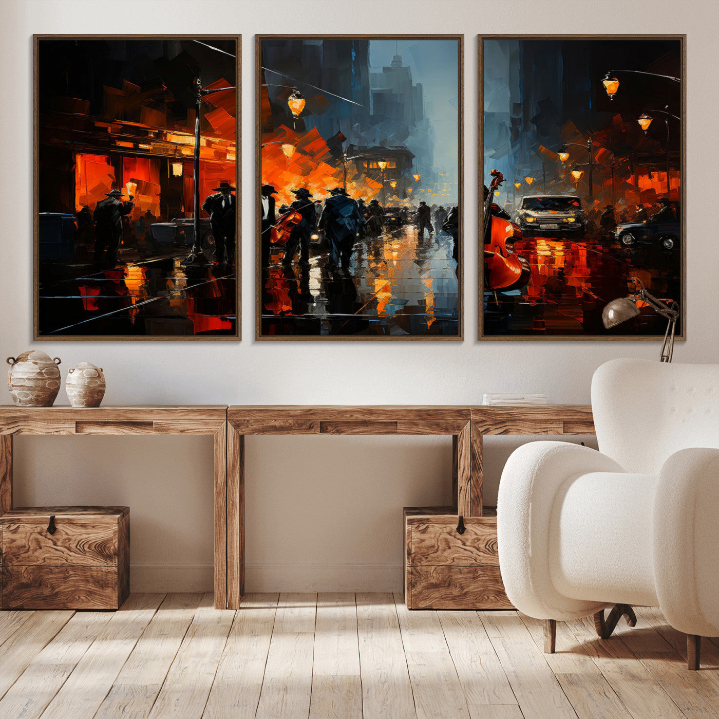 46538-MGV-CV-36X24-Urban Jazz Night Wall Art – Dramatic Music Canvas Print with Double Bass and Street Musicians, Modern City Scene Artwork for