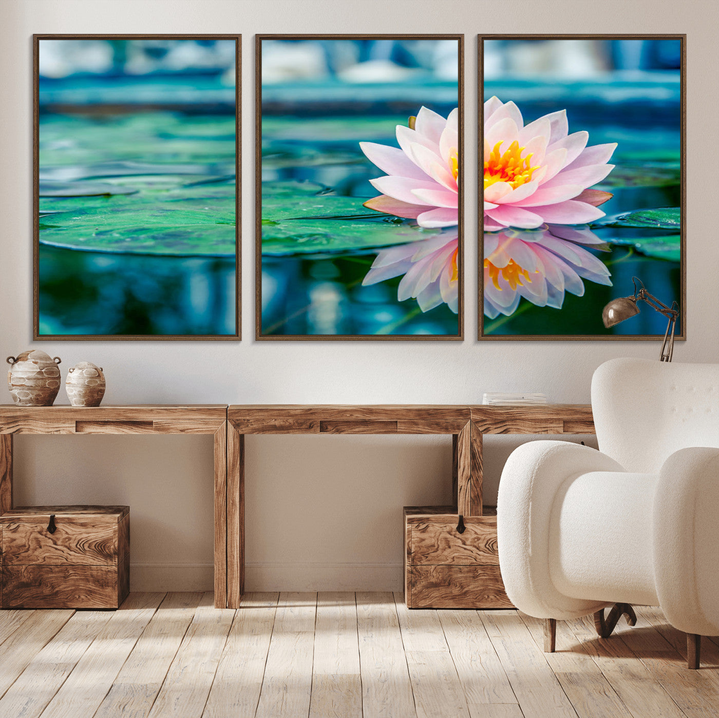 30320-MGV-CV-36X24-Pink Water Lily Wall Art – Lotus Flower Canvas Print with Reflection Water, Peaceful Botanical Artwork for Living Room, Bedroom,