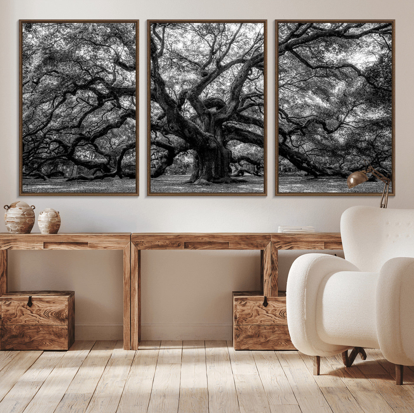 132944706-MGV-CV-36X24-Ancient Tree Wall Art – Black and White Photography Canvas Print Featuring Majestic Twisting Branches, Rustic Nature Artwork for