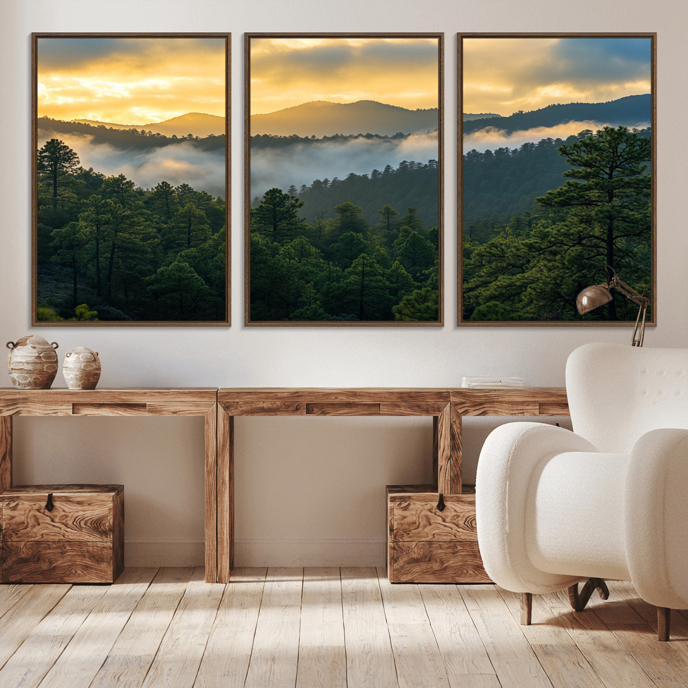 68082278-MGV-CV-36X24-Mountain Sunrise Wall Art Canvas Print, Framed Pine Forest Art Picture Print, Misty Mountains Perfect Earthy Woodland Decor