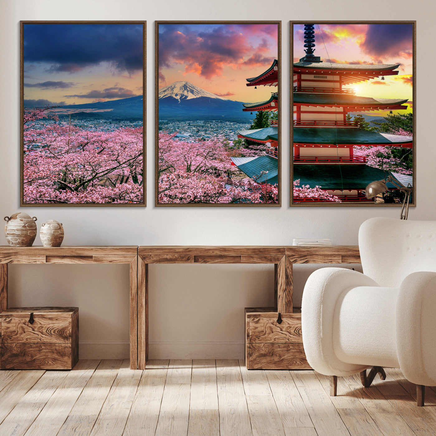 32331262-MGV-CV-36X24-Mount Fuji Japan Wall Art – Cherry Blossom Landscape Canvas Print, Chureito Pagoda Sunset Photography, Japanese Nature Travel