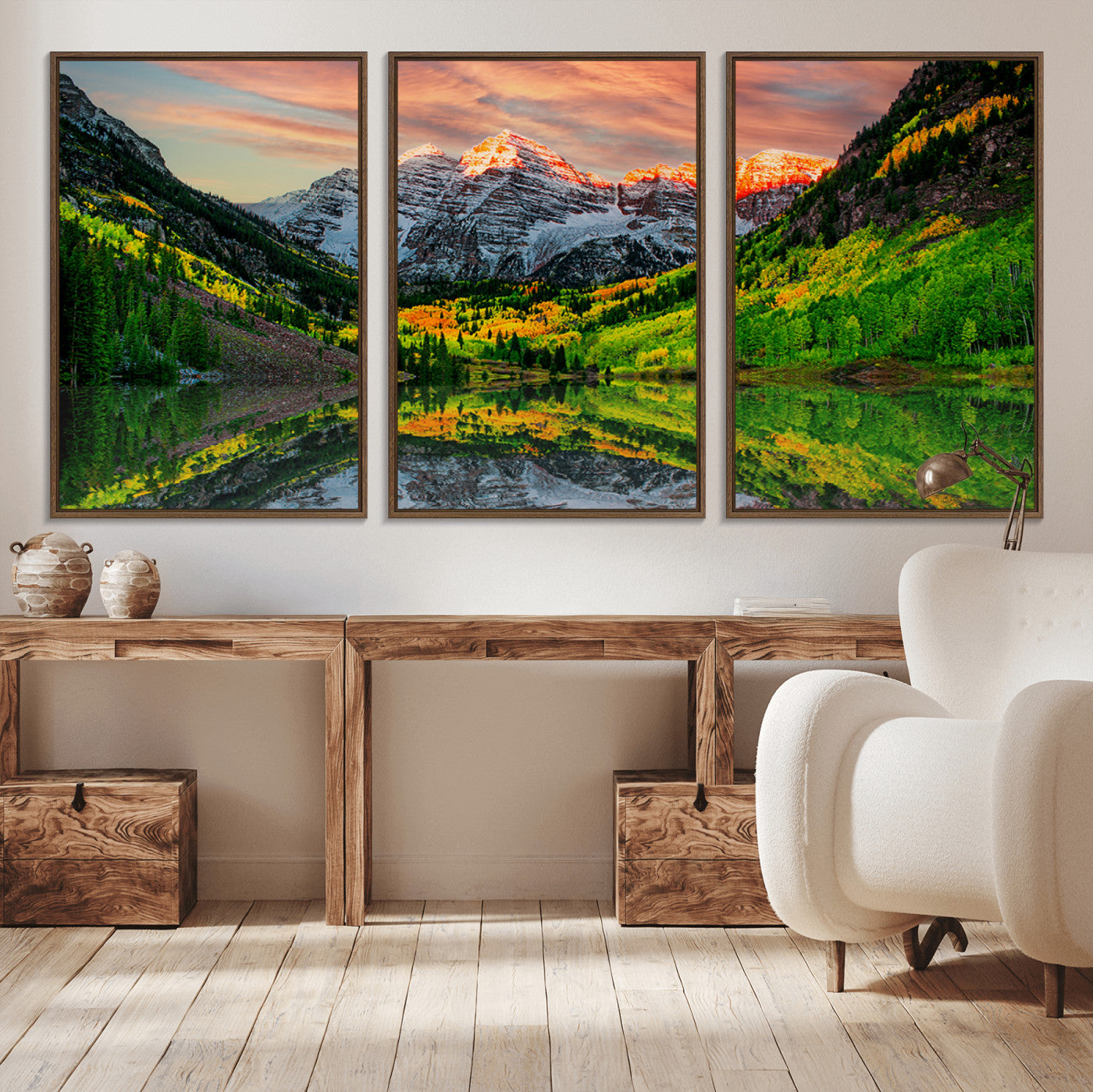 59533484-MGV-CV-36X24-Maroon Bells Autumn Wall Art – Panoramic Mountain Landscape Canvas Print, Sunset Reflection Nature Artwork for Living Room, Office