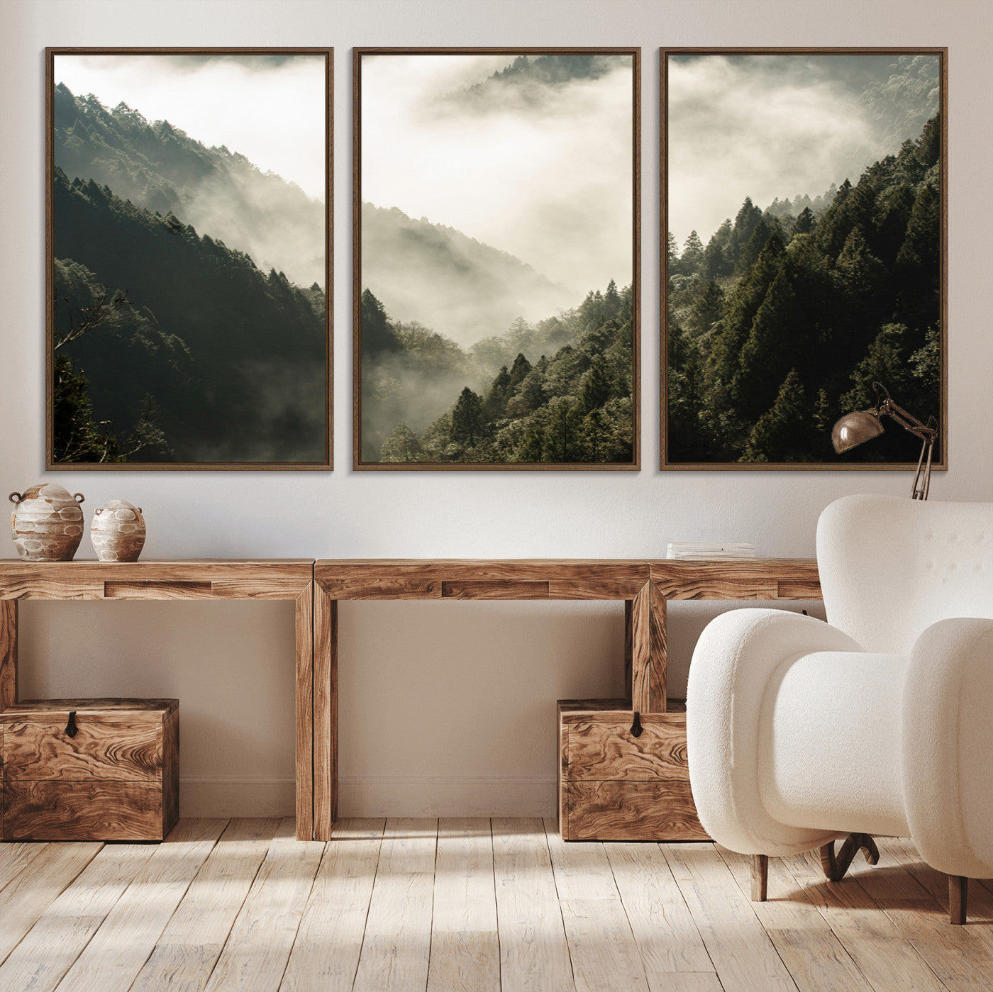 57570237-MGV-CV-36X24-Misty Valley Wall Art Canvas Print, Framed Foggy Forest Art Picture Print, Pine Trees Perfect Moody Woodland Decor Artwork