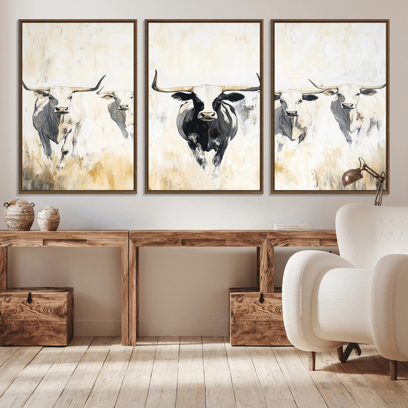 40397799-MGV-CV-36X24-Texas Longhorn Wall Art Canvas Print, Framed Rustic Herd Art Picture Print, Western Bull Perfect Neutral Western Decor Artwork