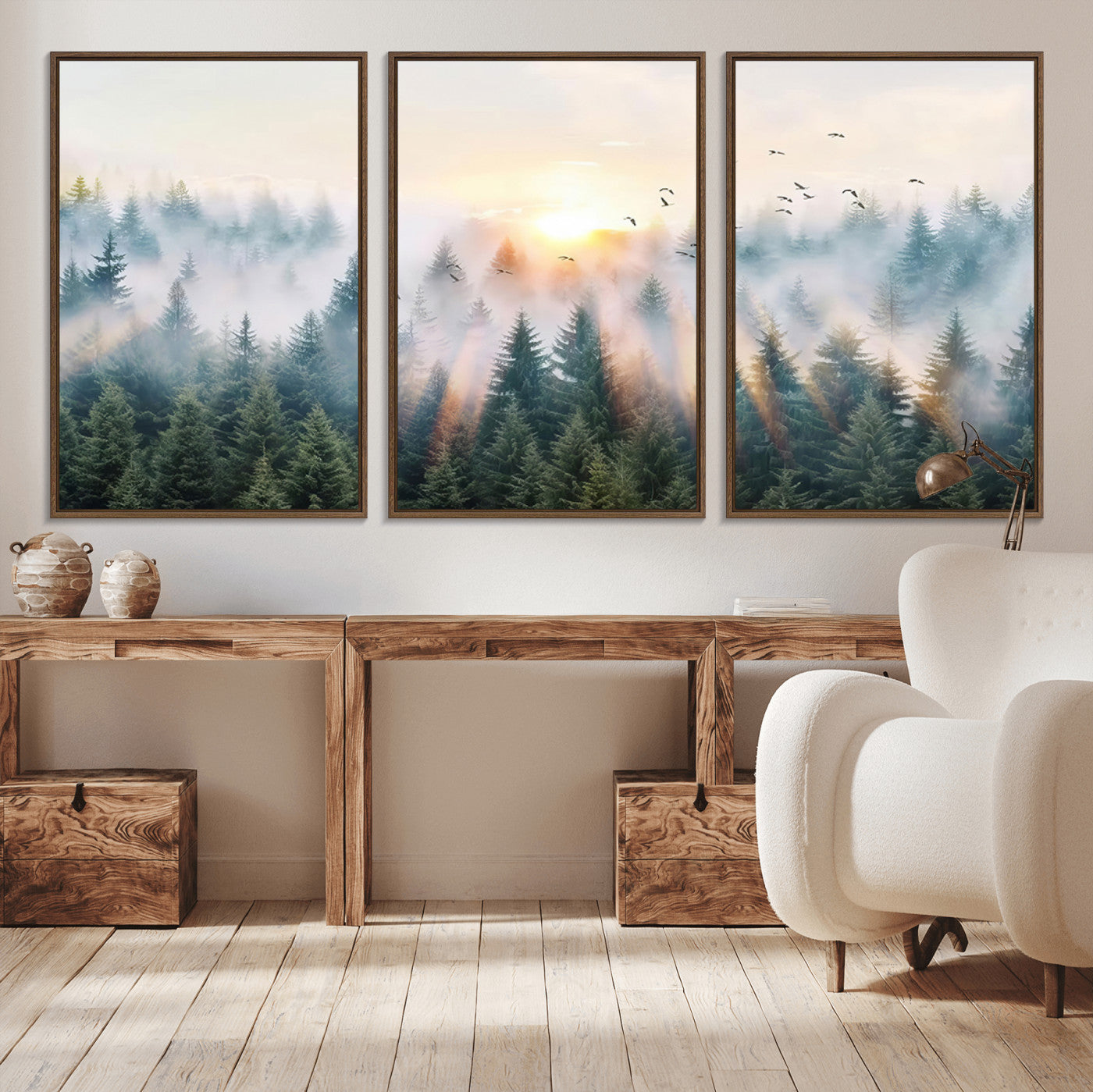 92718976-MGV-CV-36X24-Misty Forest Wall Art Canvas Print, Framed Sunrise Pines Art Picture Print, Foggy Woodland Perfect Moody Woodland Decor Artwork