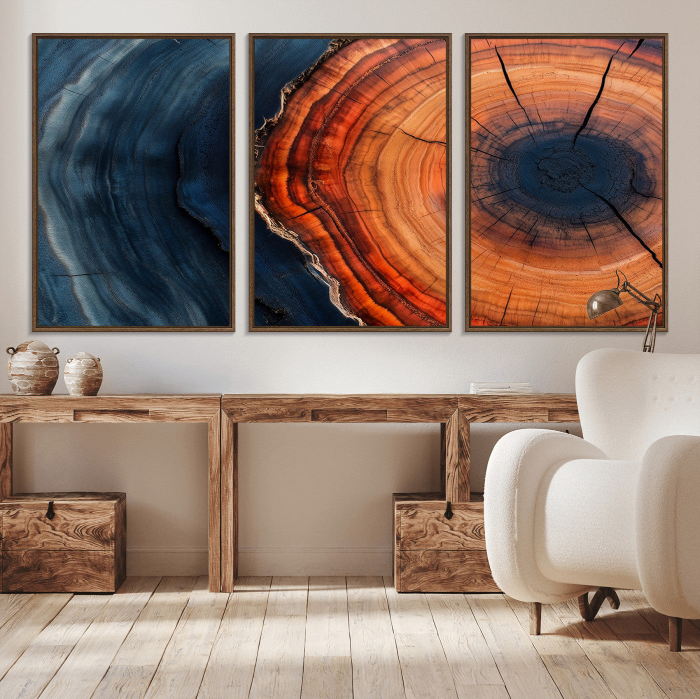 57732250-MGV-CV-36X24-Tree Ring Abstract Wall Art – Blue Orange Wood Grain Canvas Print, Modern Rustic Nature Artwork for Living Room, Office,